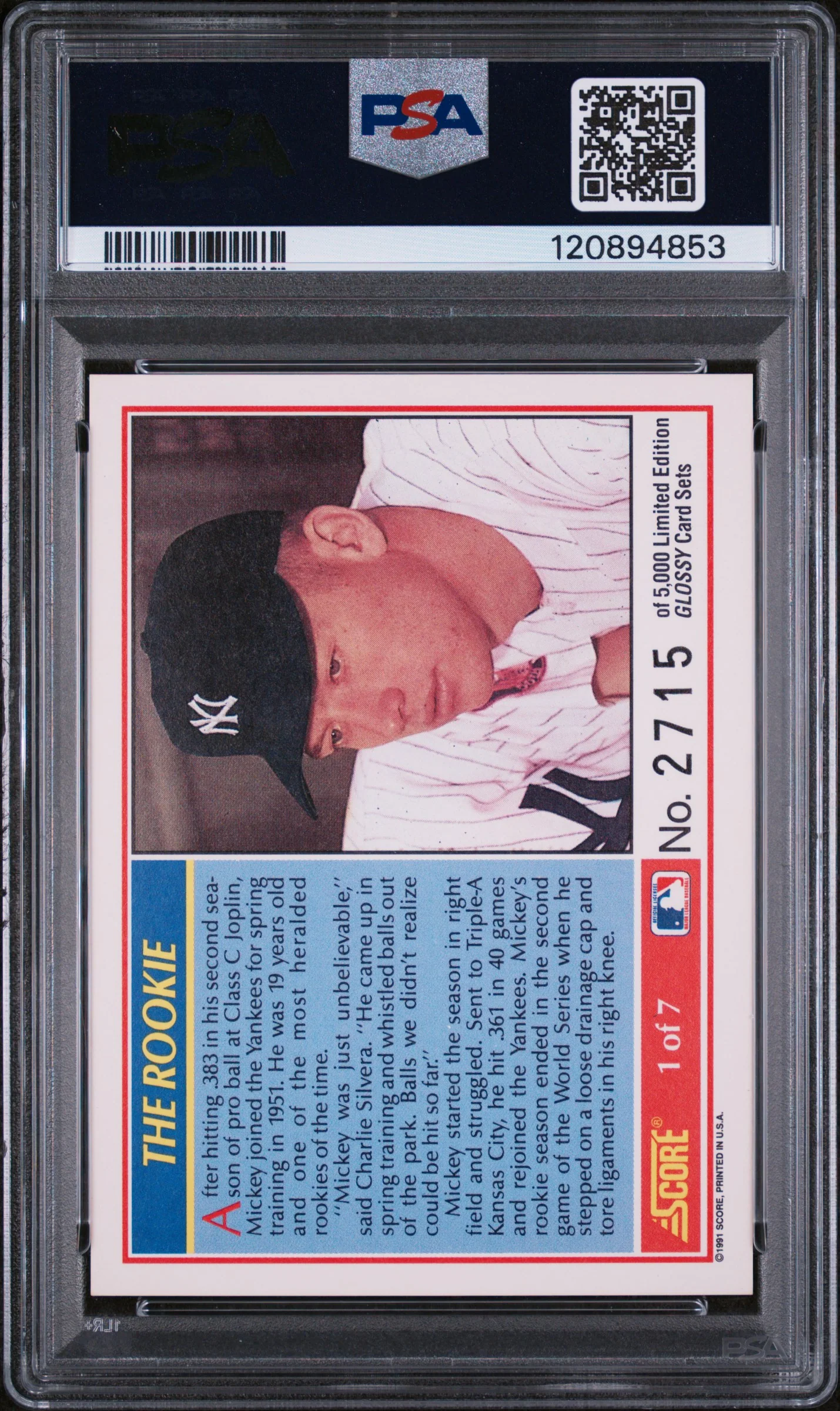 1991 Score #1 Mickey Mantle The Rookie /5000 PSA 8 - Image 2