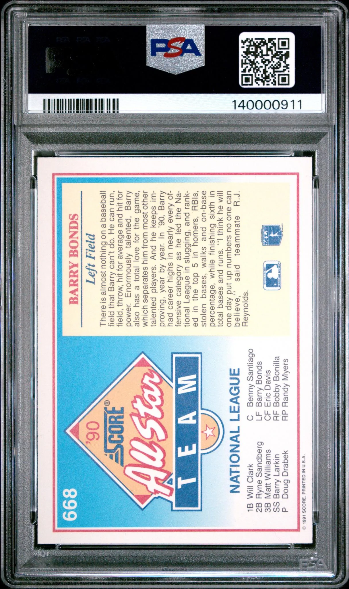 1991 Score Barry Bonds #668 PSA 9 - Image 2