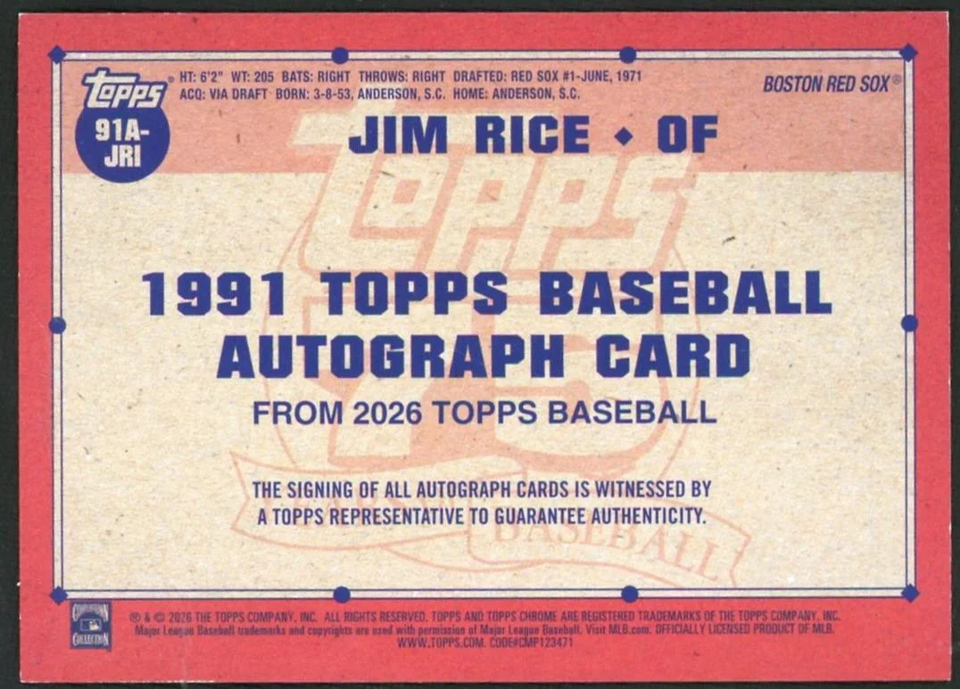 1991 Topps 91A-JRI Jim Rice 75 Years of Baseball Red Sox Auto - Image 2