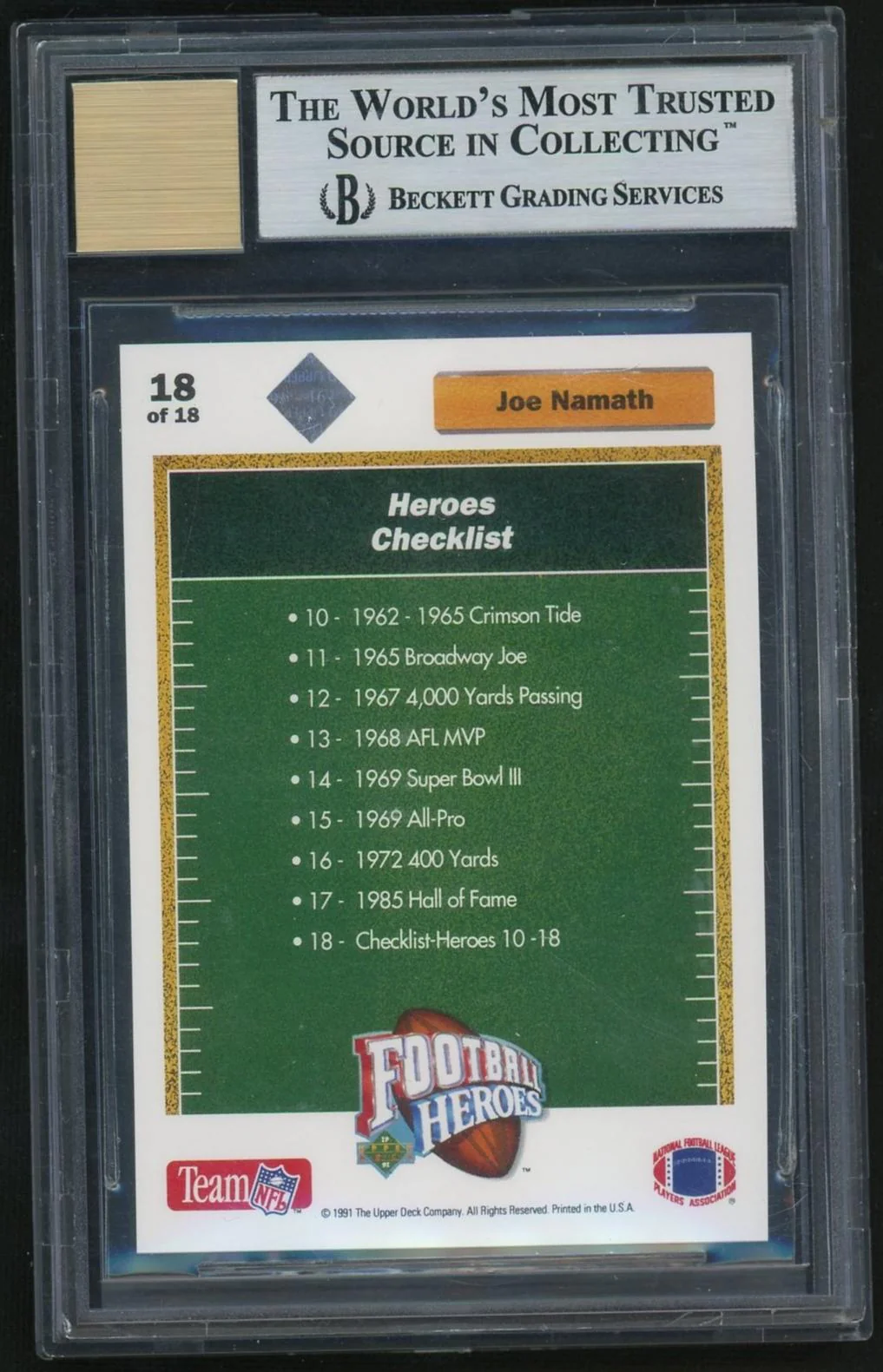 1991 Upper Deck Football Heroes Joe Namath #AU Auto /2500 BGS 9 Auto 10 - Image 2