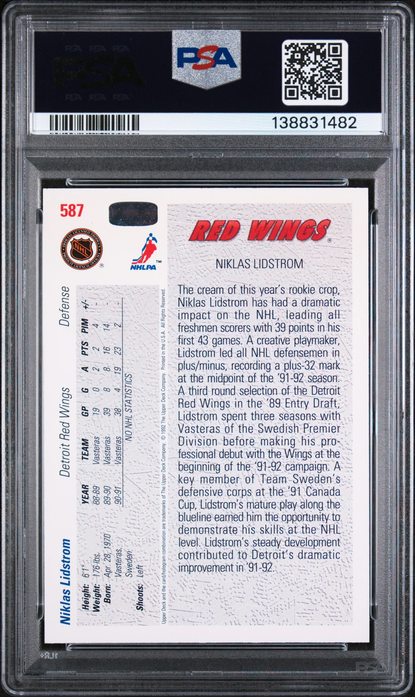 1991 Upper Deck Young Guns Nicklas Lidstrom #587 PSA 9 - Image 2