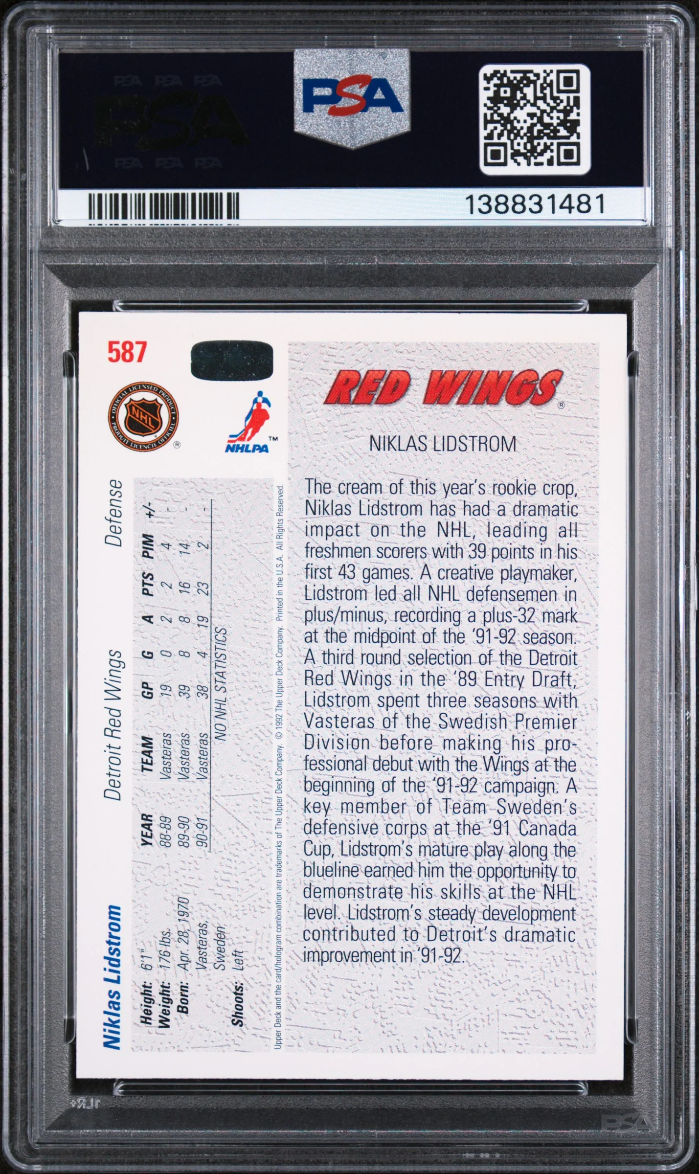 1991 Upper Deck Young Guns Nicklas Lidstrom #587 PSA 9 - Image 2