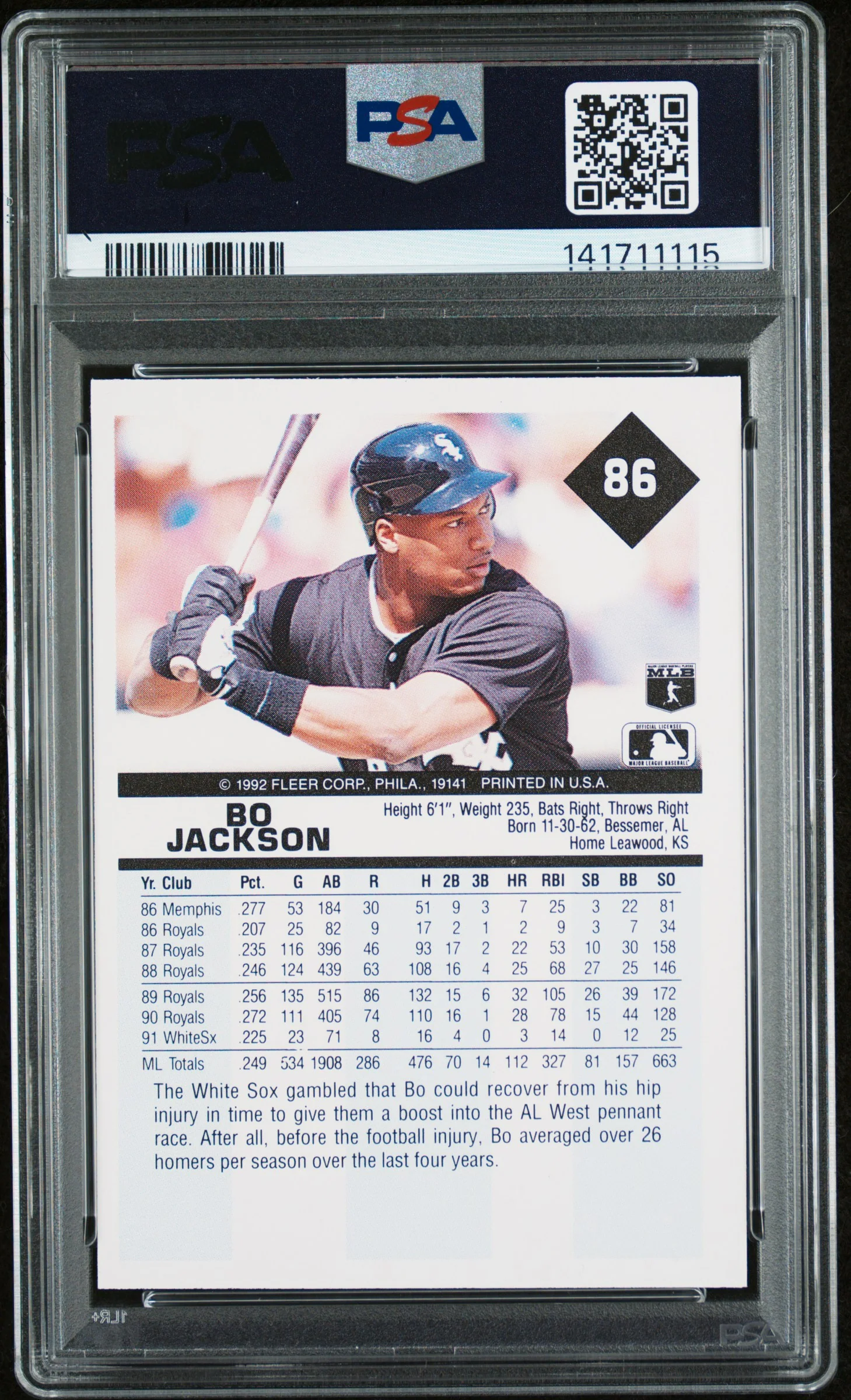 1992 Fleer Tradition Bo Jackson #86 PSA 9 - Image 2