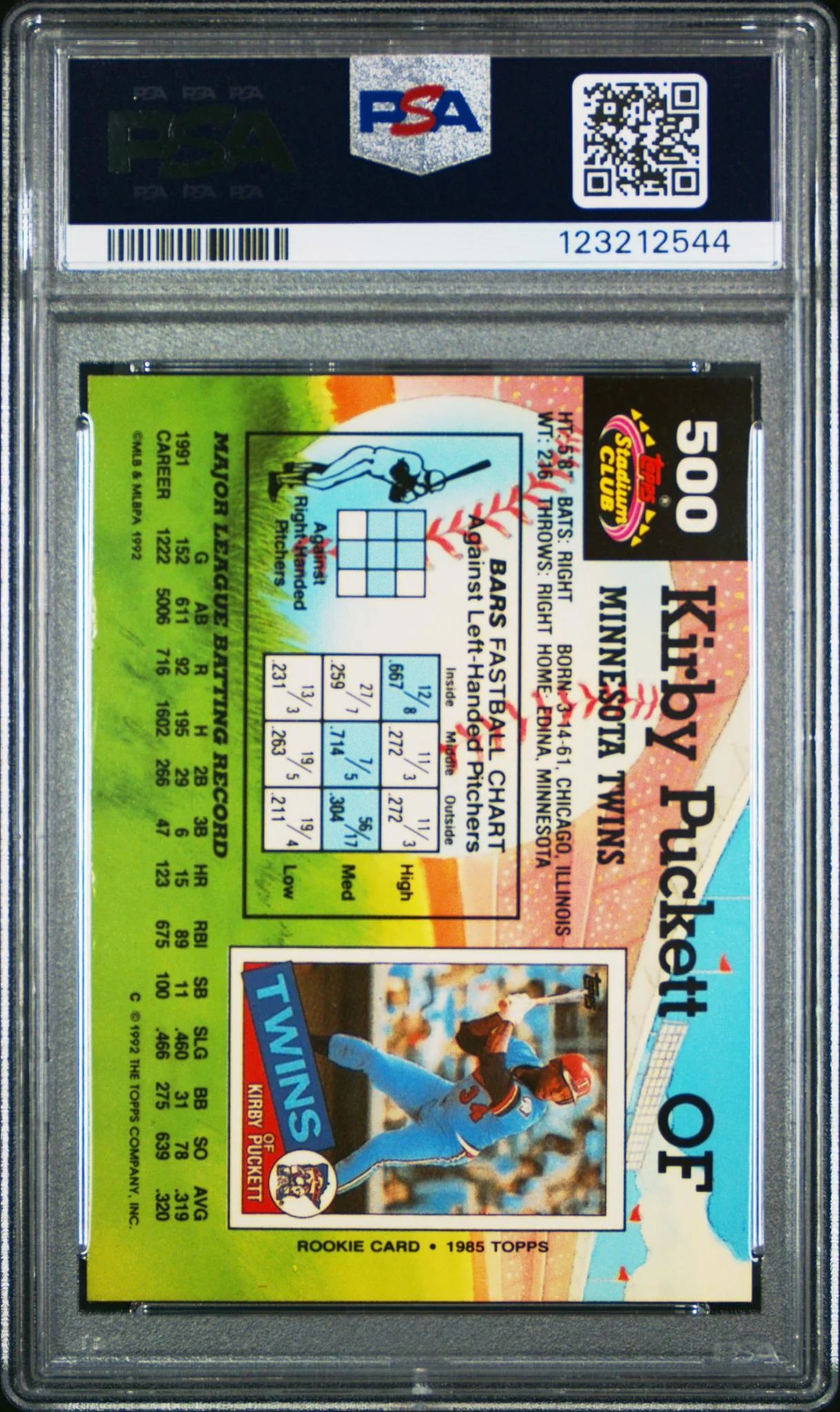 1992 Stadium Club Kirby Puckett #500 PSA 9 - Image 2