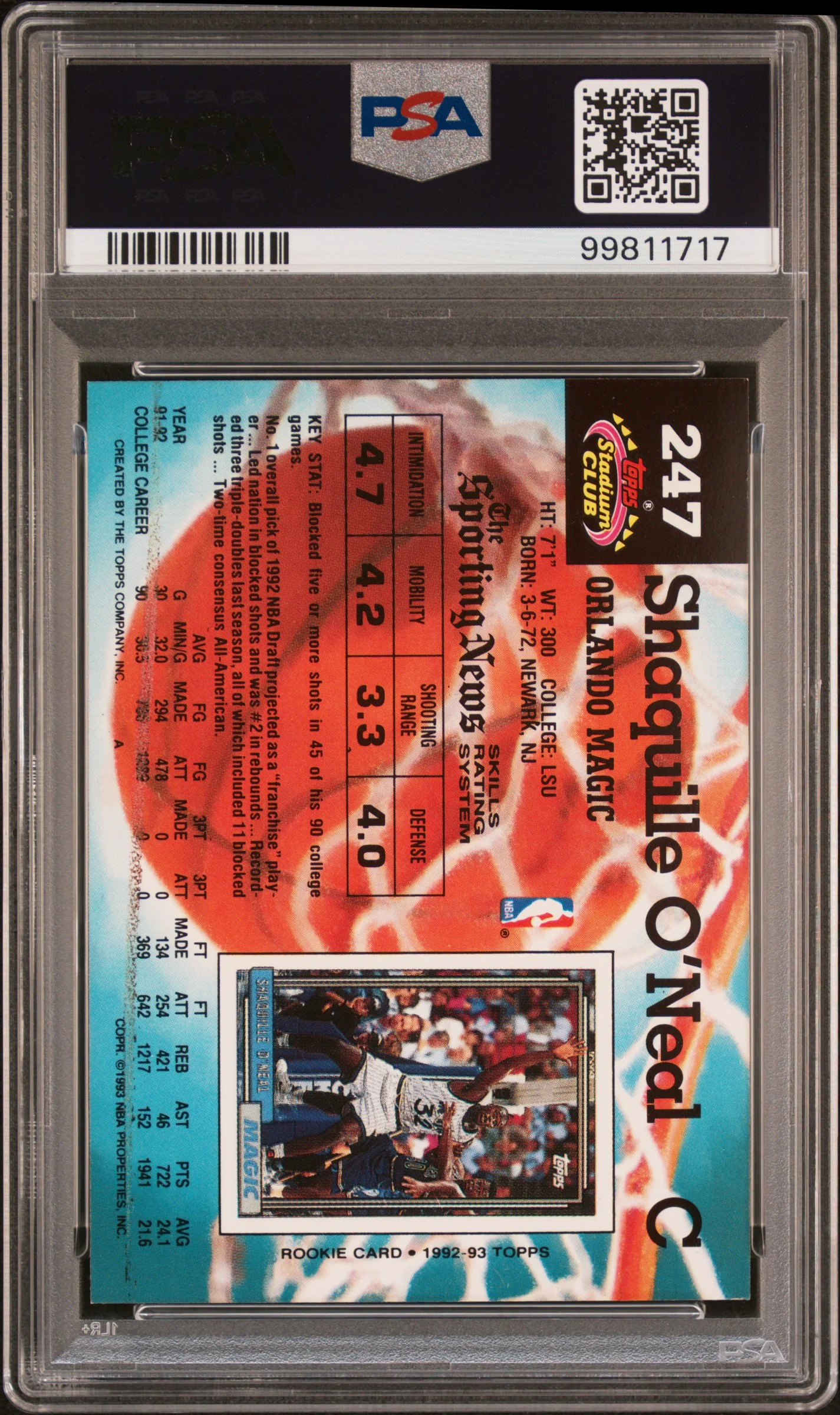 1992 Stadium Club Shaquille O'Neal #247 PSA 8 - Image 2