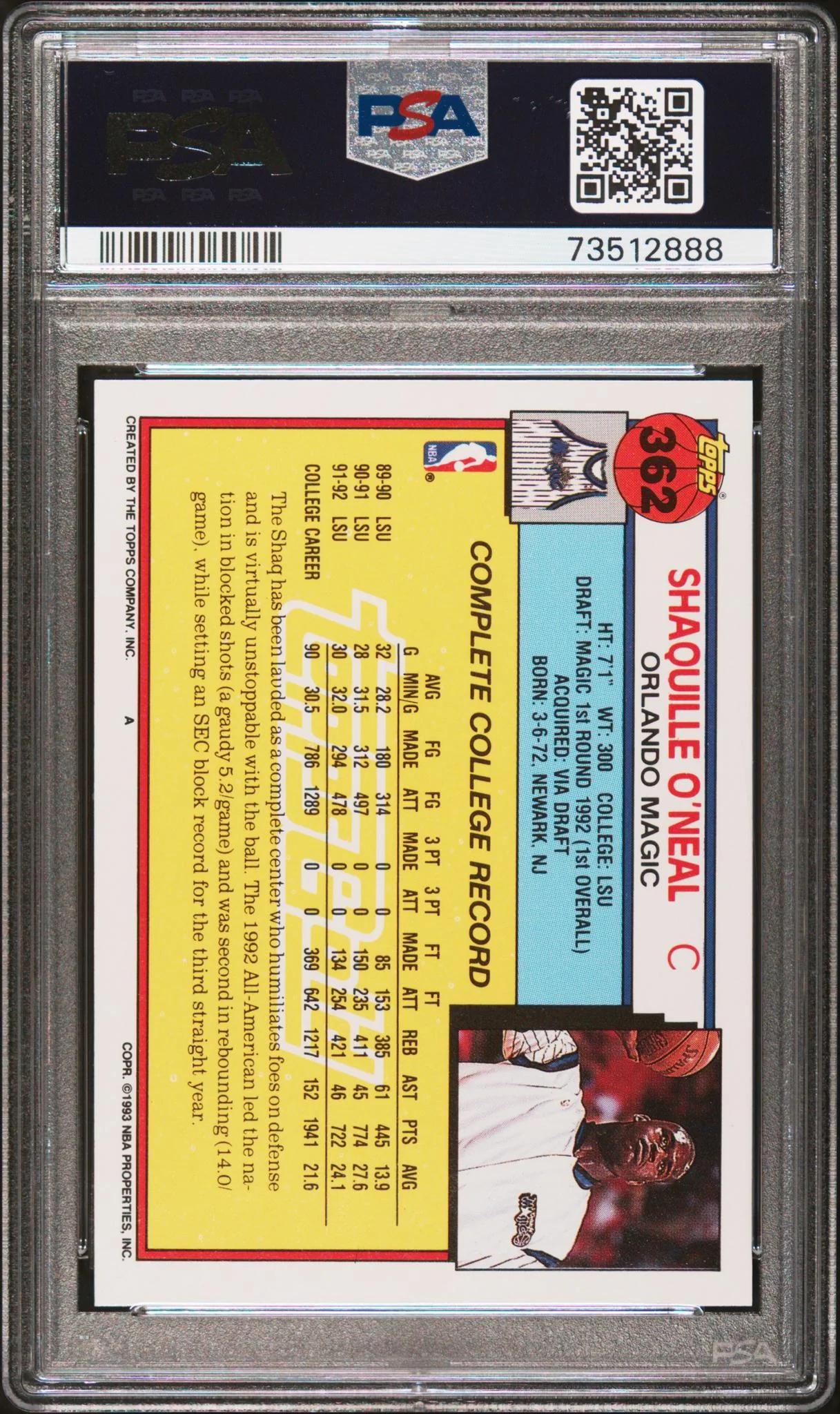 1992 Topps Gold Shaquille O'Neal #362 PSA 6 - Image 2