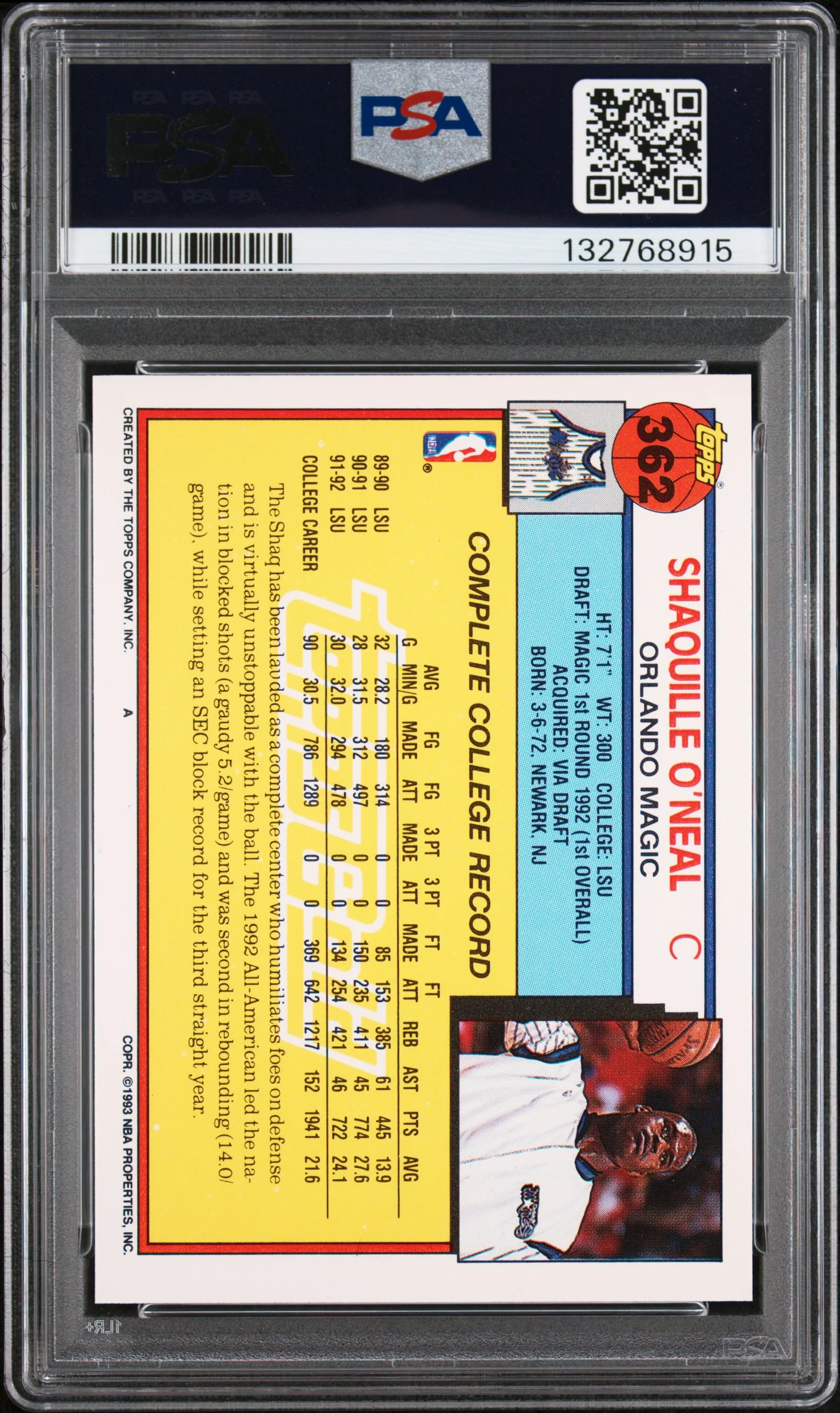 1992 Topps Gold Shaquille O'Neal #362 PSA 8 - Image 2