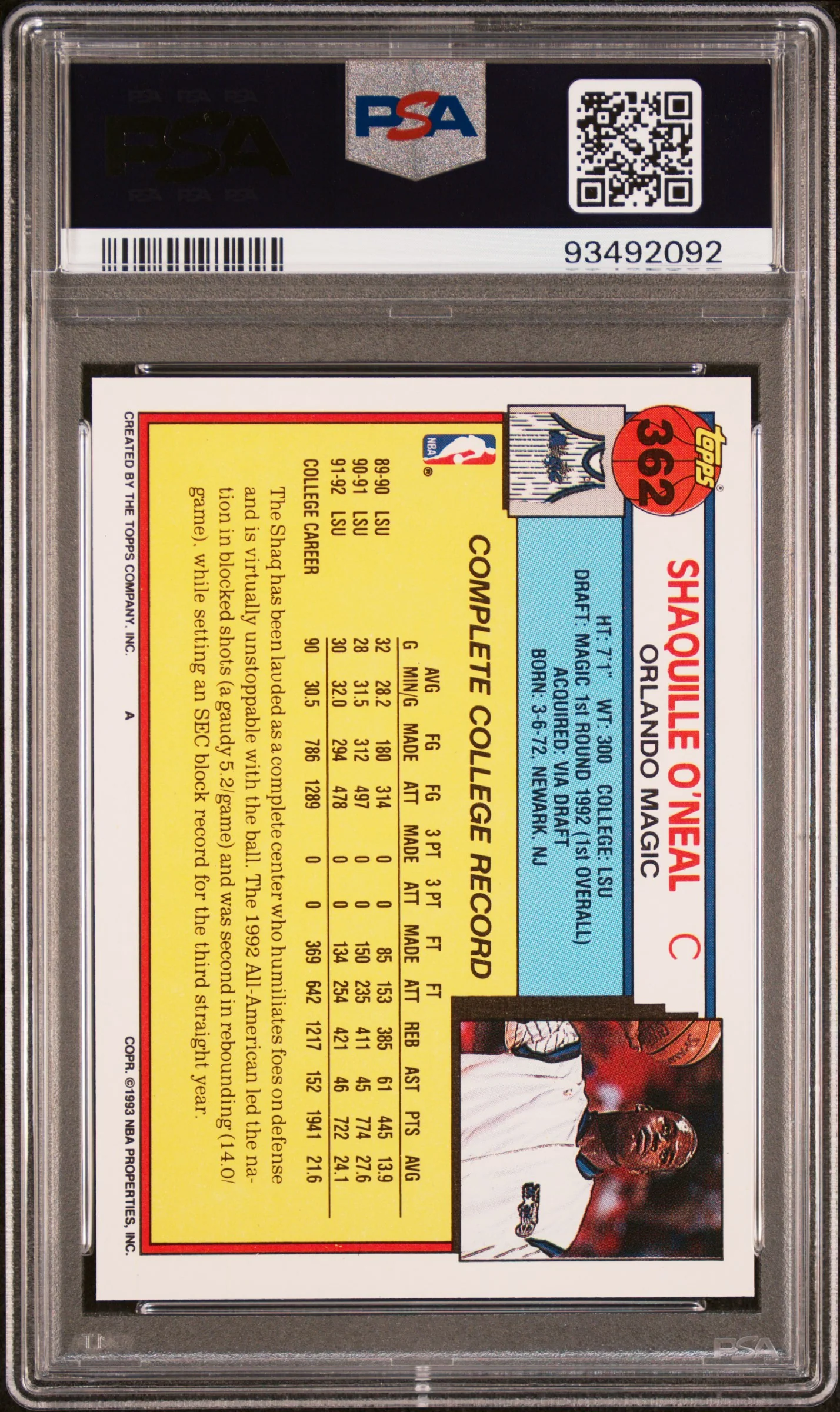 1992 Topps Shaquille O'Neal #362 PSA 10 - Image 2