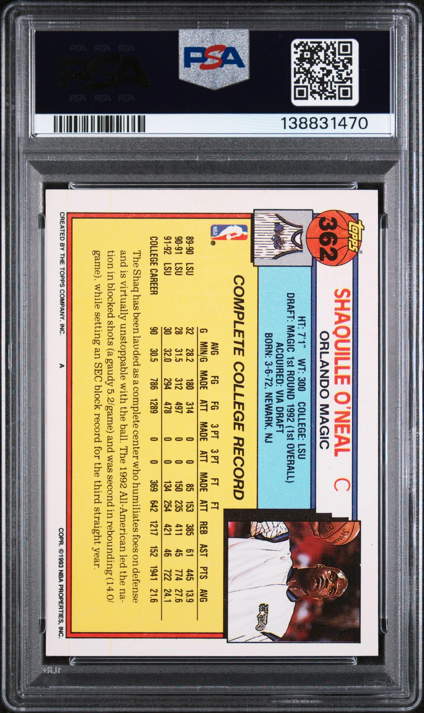 1992 Topps Shaquille O'Neal #362 PSA 8 - Image 2