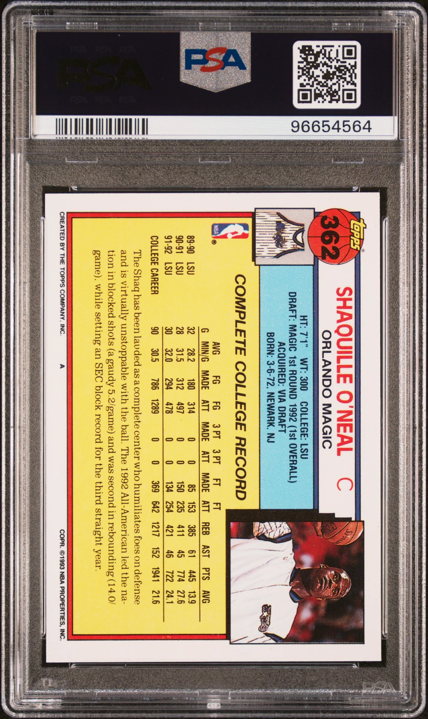 1992 Topps Shaquille O'Neal #362 RC PSA 9 - Image 2