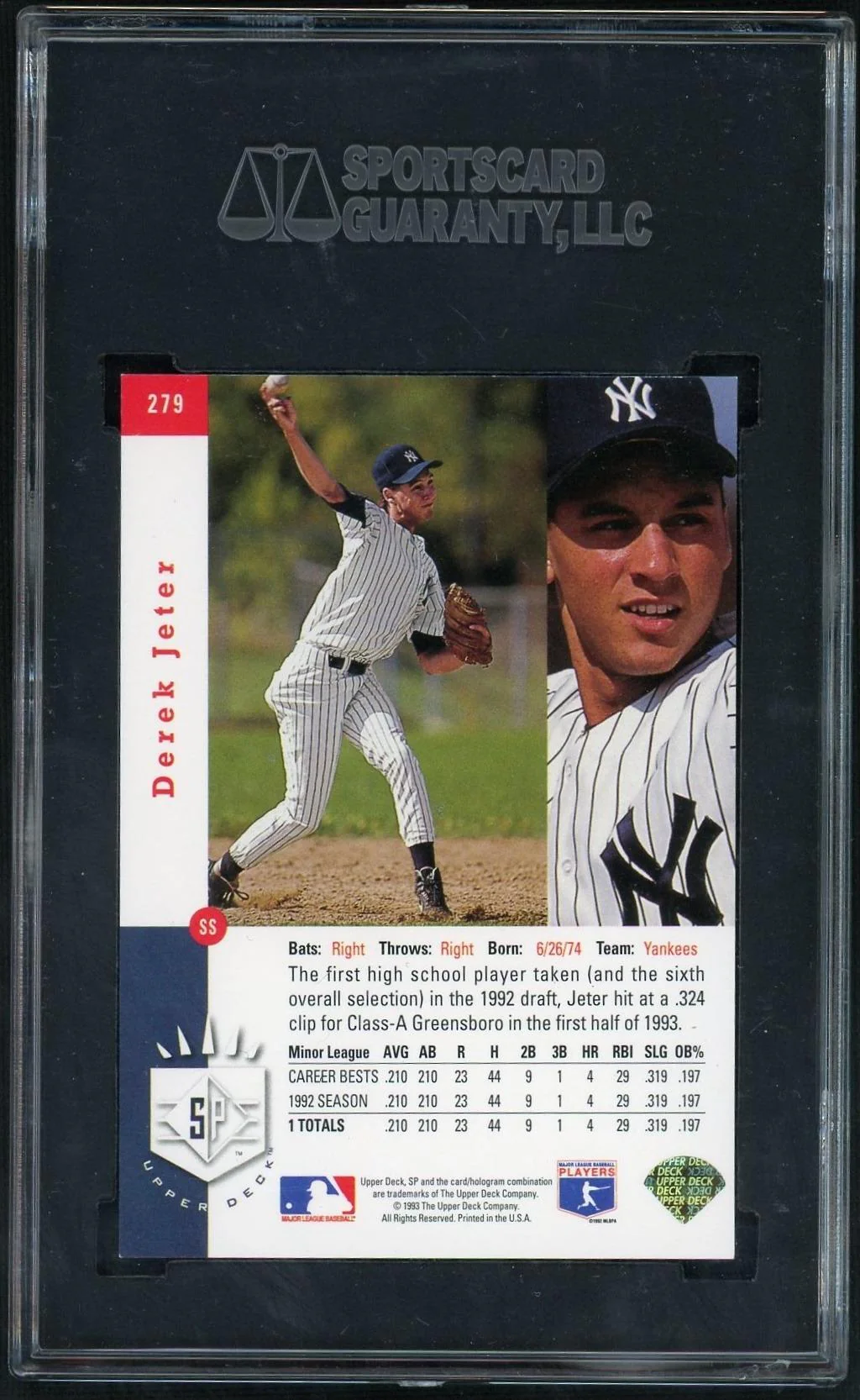 1993 Upper Deck SP Derek Jeter Rookie #279 SGC 8 - Image 2