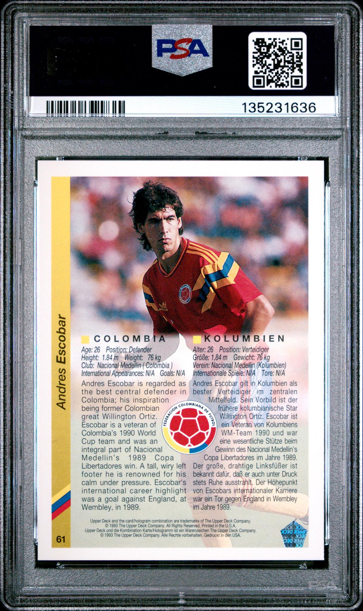 1993 Upper Deck World Cup Soccer English/German Andres Escobar #61 PSA 8 - Image 2