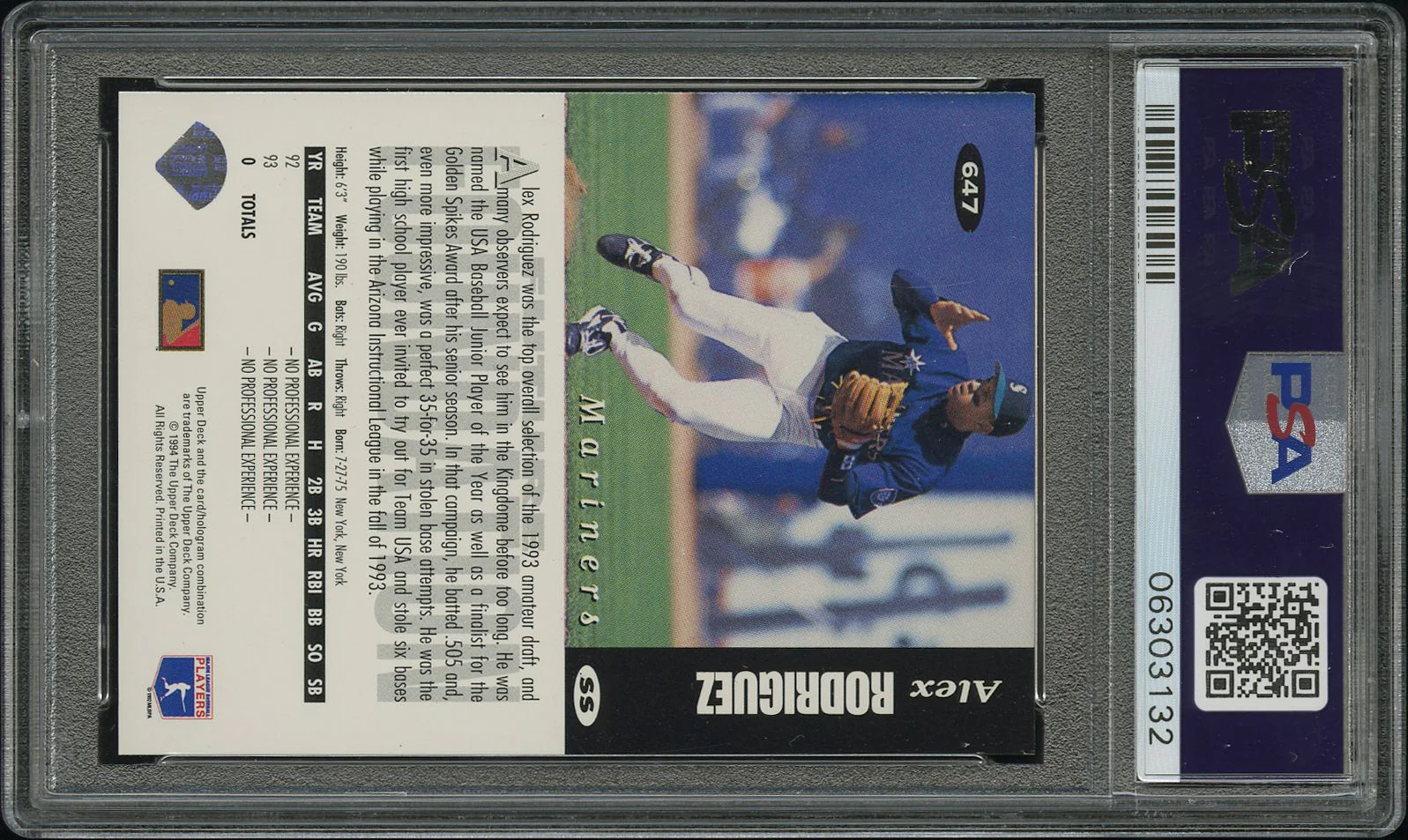 1994 Collector's Choice Silver Signature White Letter Variation Alex Rodriguez #647 PSA 9 - Image 2