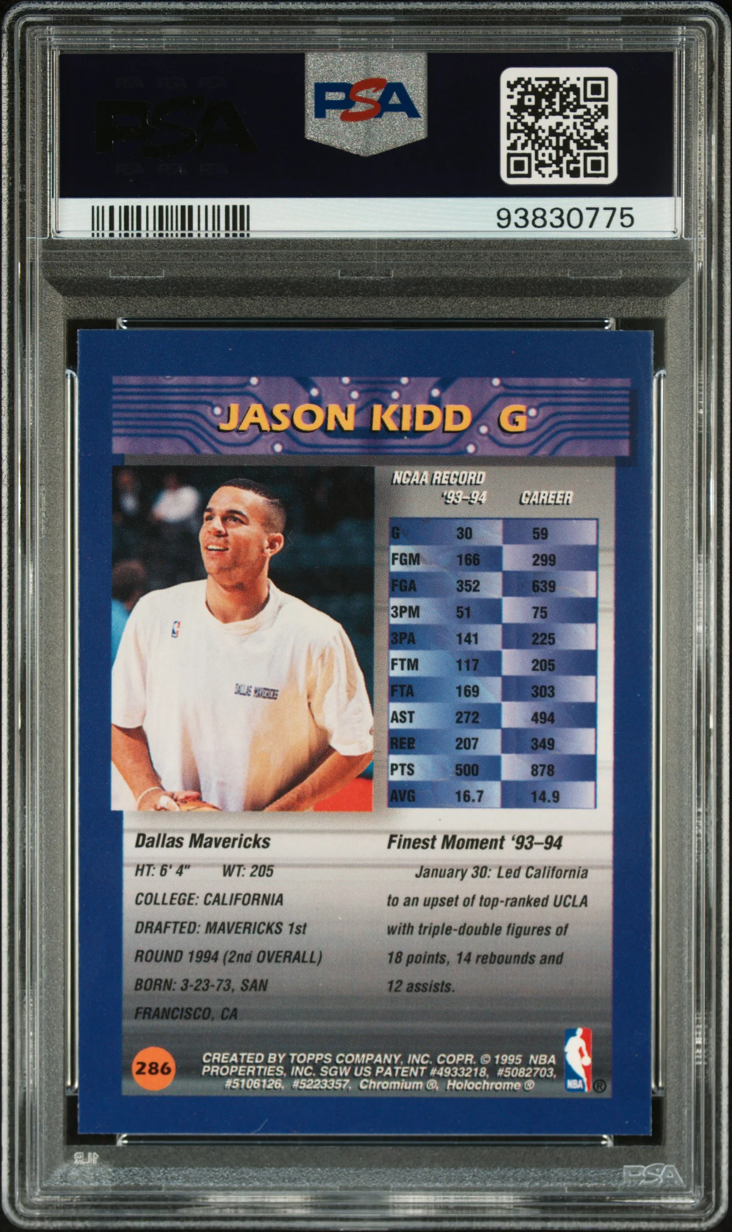 1994 Finest W/Coating Jason Kidd #286 PSA 9 - Image 2