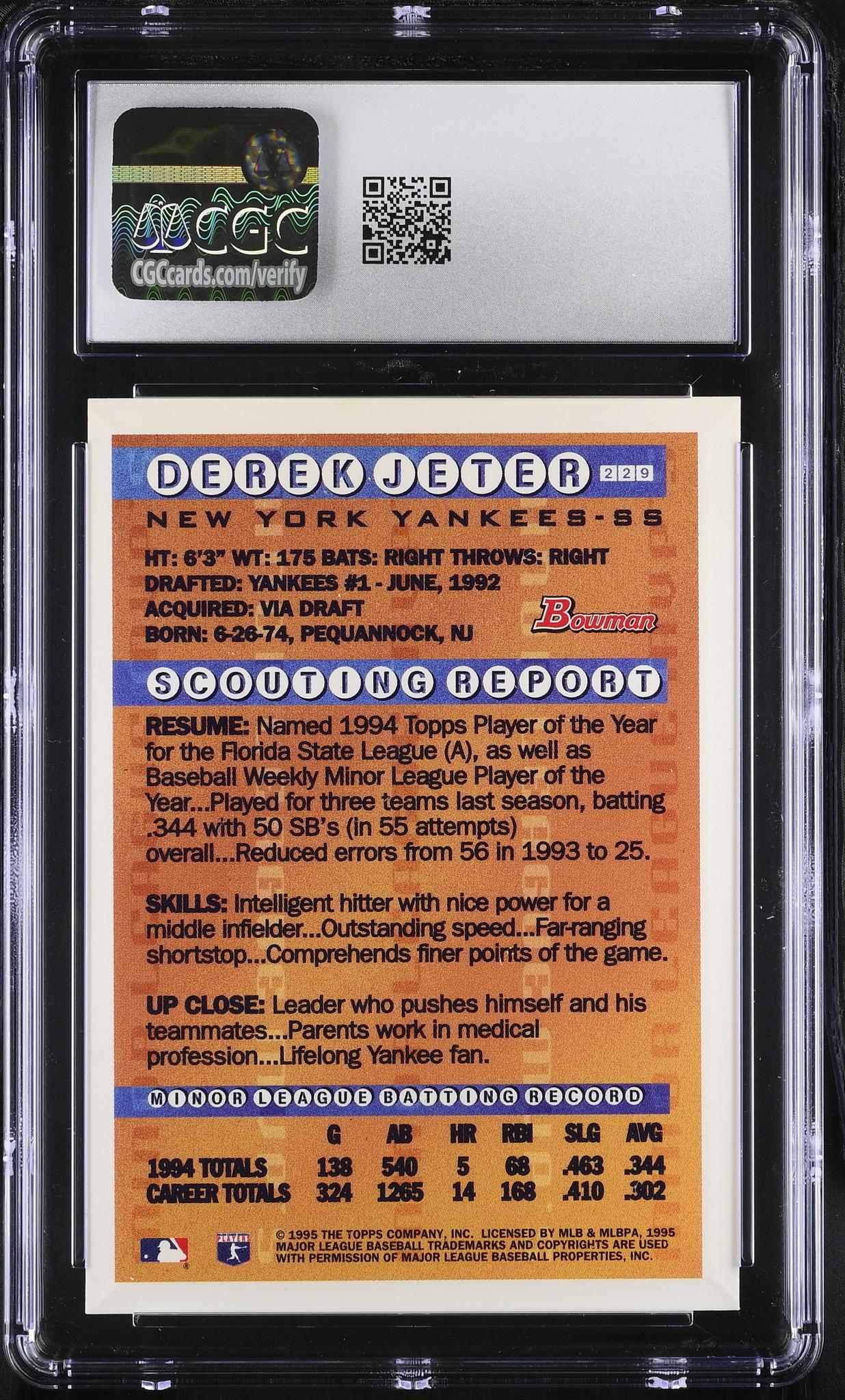 1995 Bowman #229 Derek Jeter Minor League MVPs CGC 9 - Image 2
