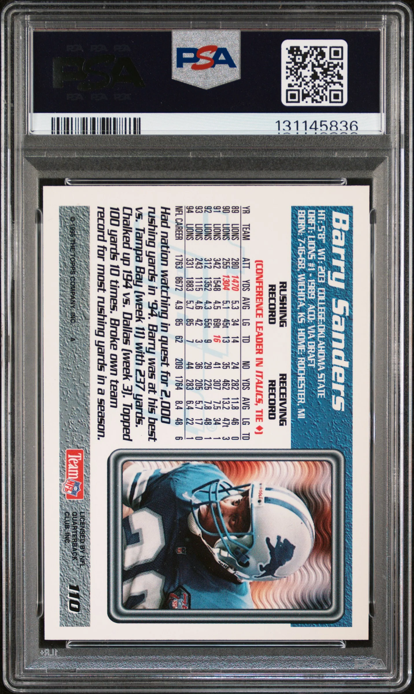 1995 Topps Barry Sanders #110 PSA 10 - Image 2
