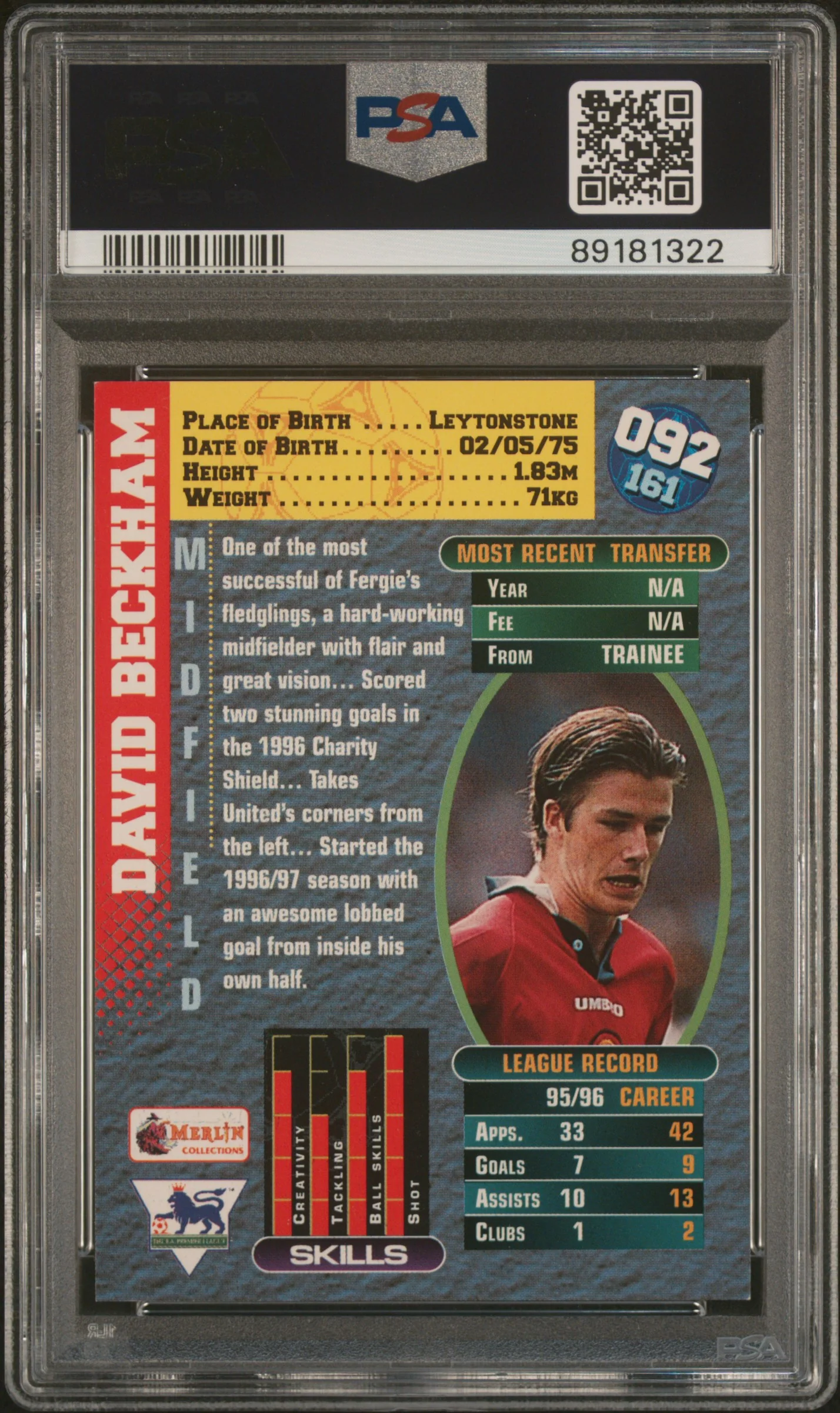 1996 Merlin Premier Gold David Beckham #92 PSA 7 - Image 2