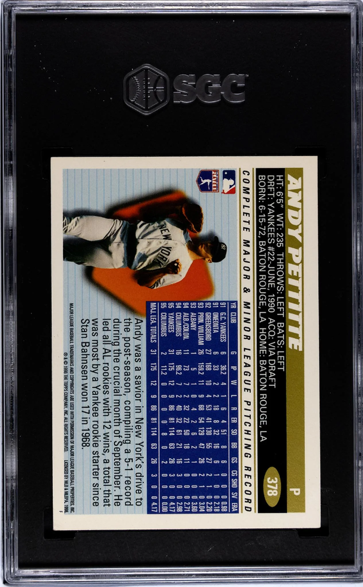 1996 Topps Andy Pettitte #378 SGC 6 - Image 2