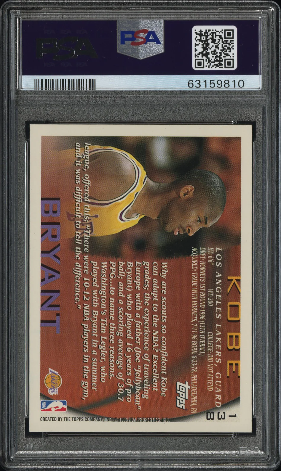 1996 Topps Kobe Bryant #138 PSA 9 - Image 2