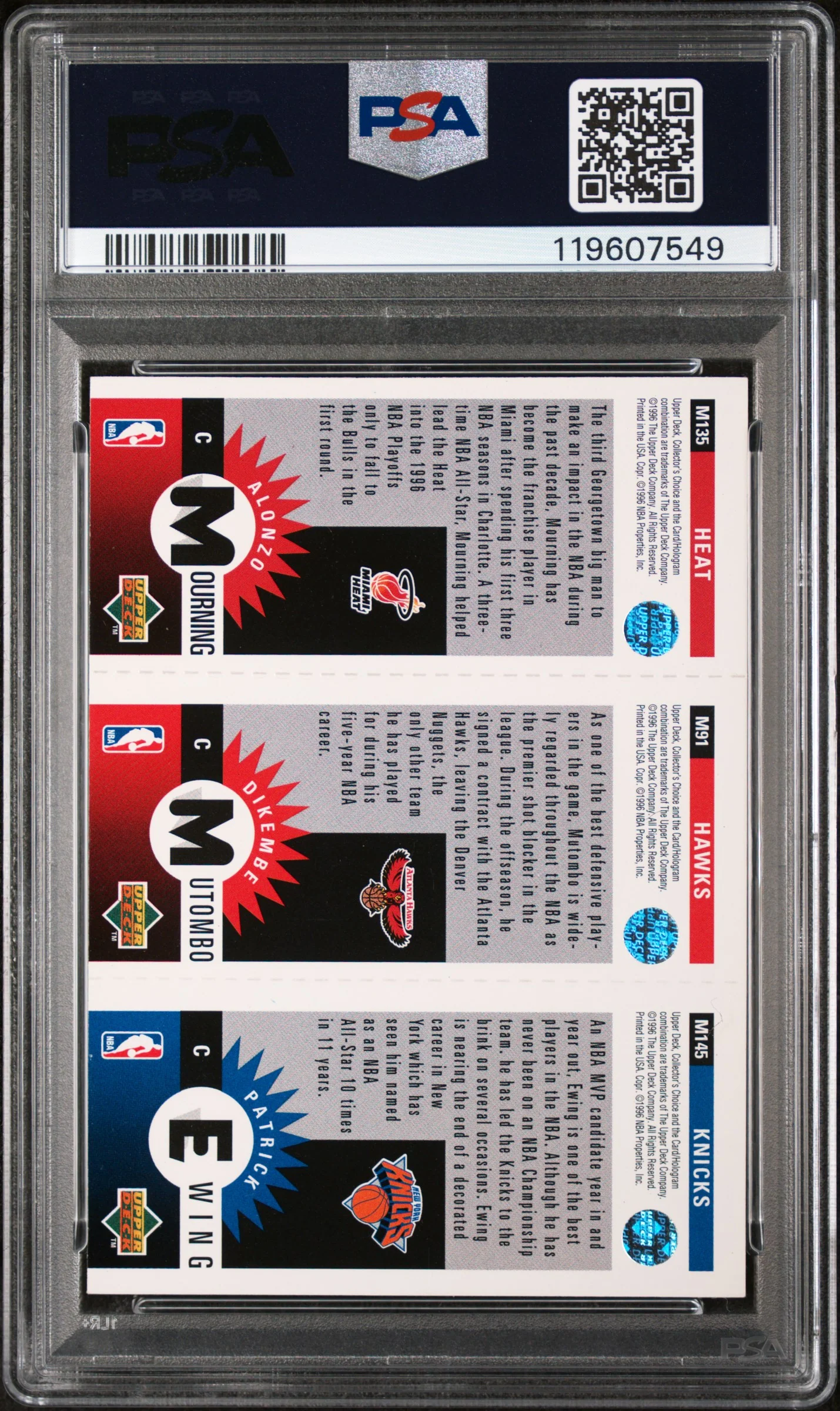 1996 Upper Deck Coll. Choice Mini II Ewing/Mutombo/Mourning #M145/M91/M135 PSA 8 - Image 2