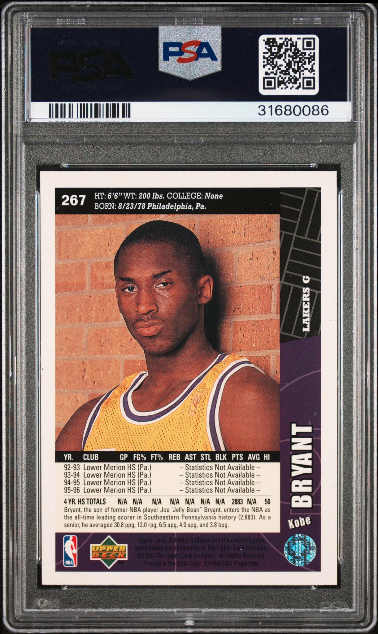 1996 Upper Deck Collector's Choice Kobe Bryant #267 PSA 10 - Image 2