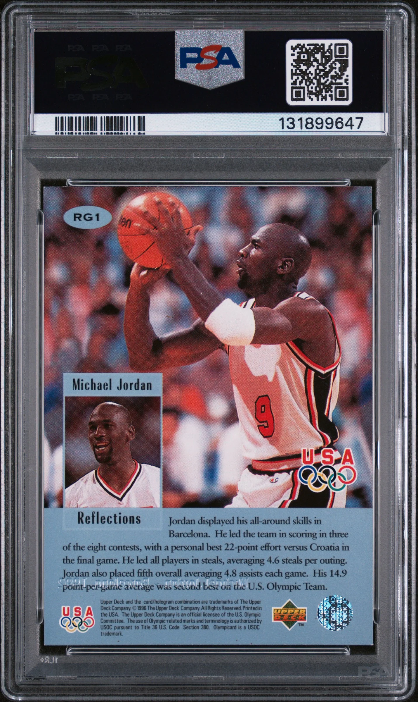 1996 Upper Deck Olympicards Reflections of Gold Michael Jordan #RG1 PSA 7 - Image 2