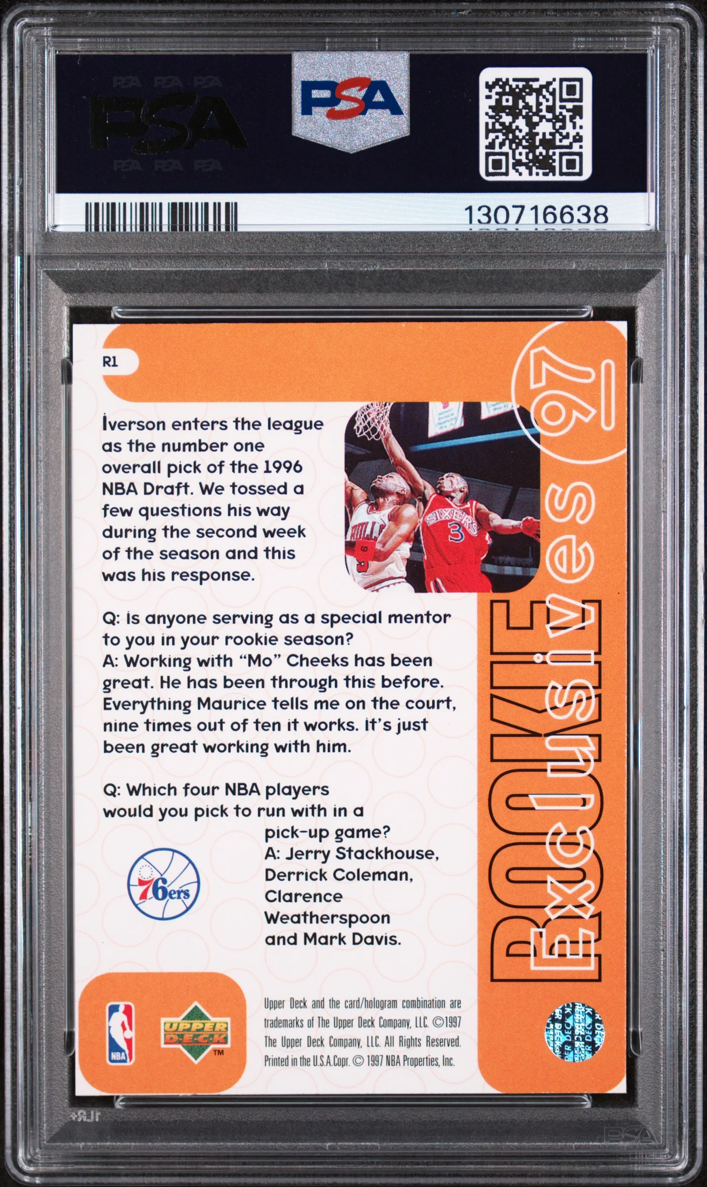 1996 Upper Deck Rookie Exclusives Allen Iverson #R1 PSA 10 - Image 2