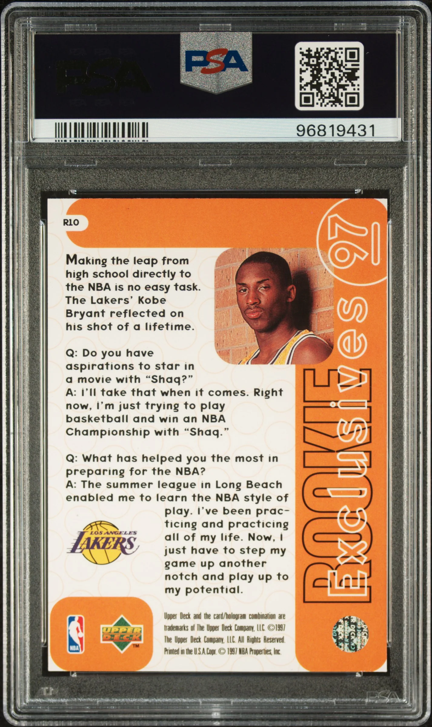 1996 Upper Deck Rookie Exclusives Kobe Bryant #R10 PSA 8 - Image 2