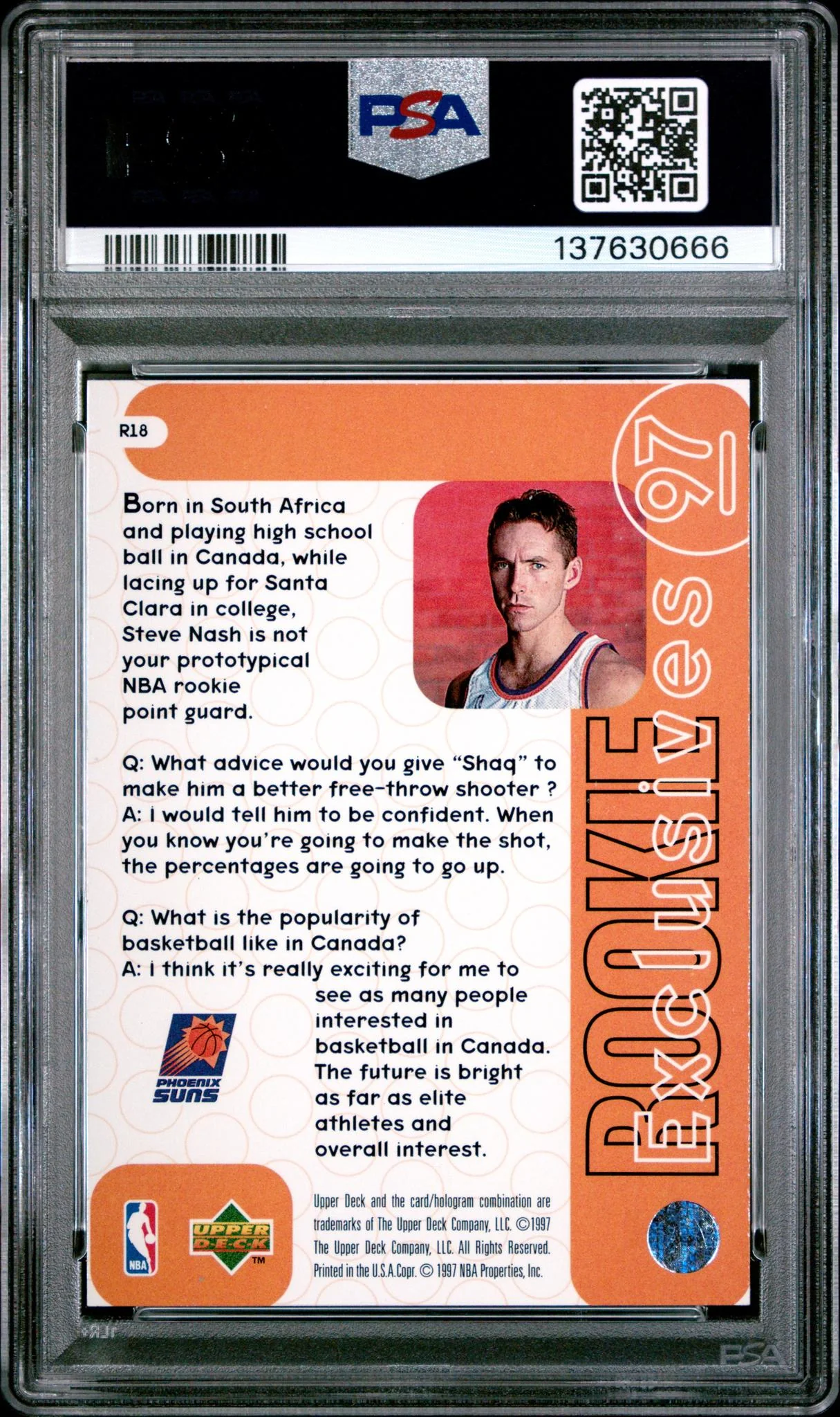 1996 Upper Deck Rookie Exclusives Steve Nash #R18 PSA 9 - Image 2