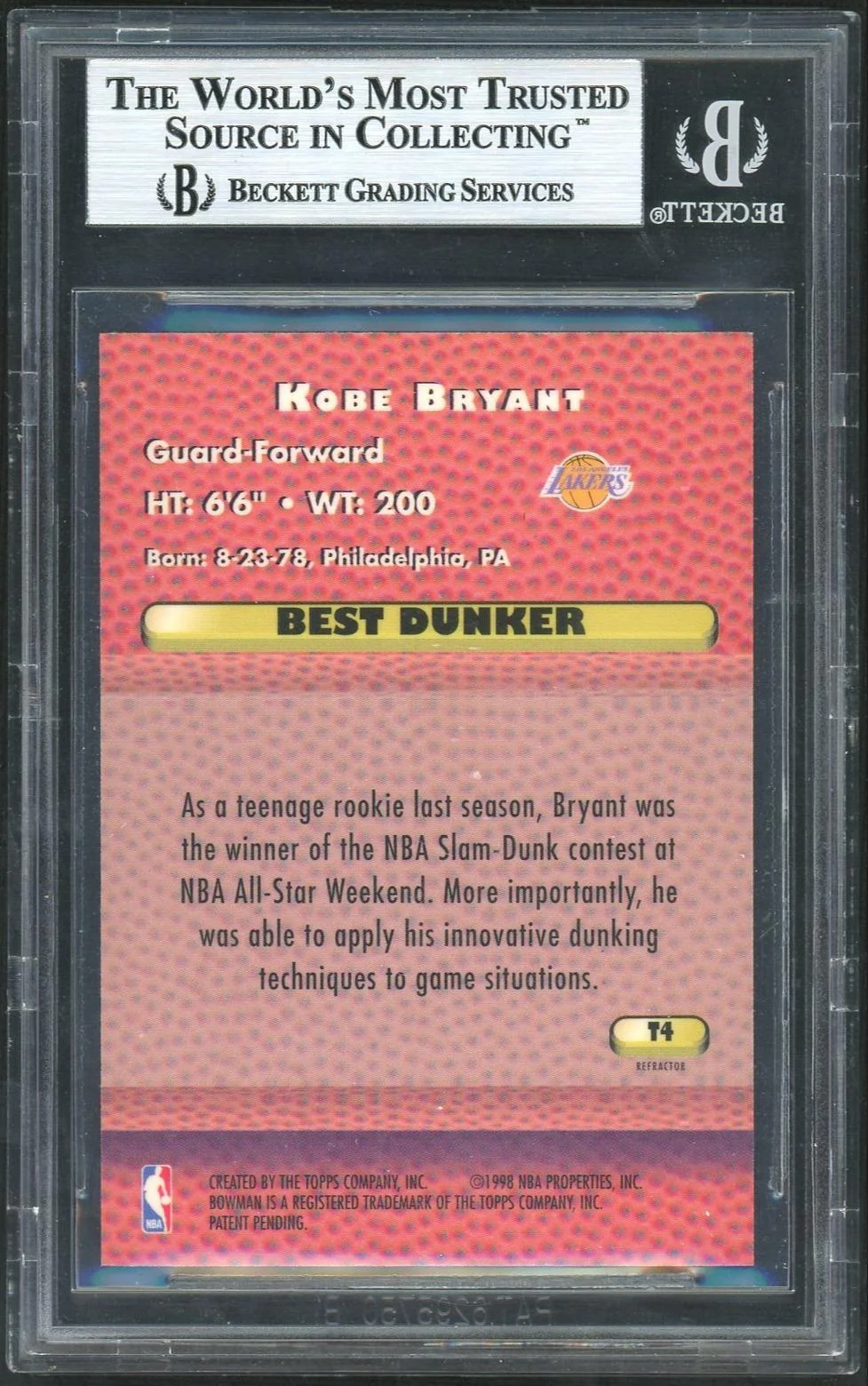 1997 Bowman's Best Techniques Refractor Kobe Bryant #T4 BGS 9 - Image 2