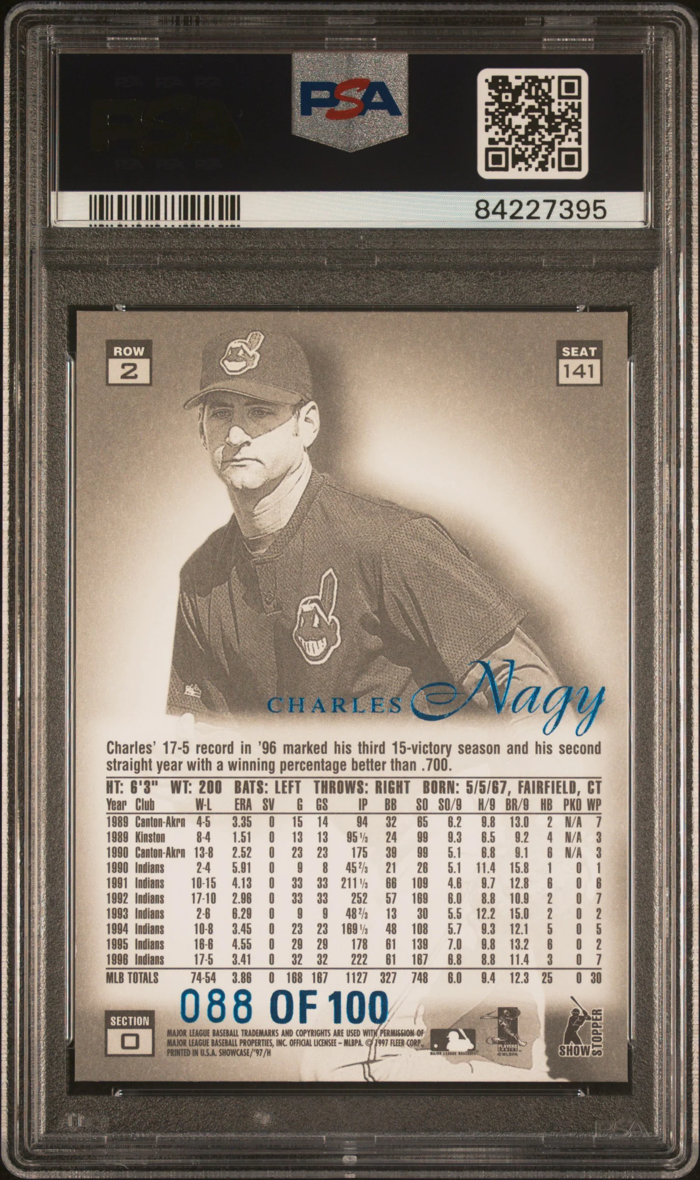 1997 Flair Showcase Legacy Collection Row 2 Charles Nagy #141 /100 PSA 8 - Image 2