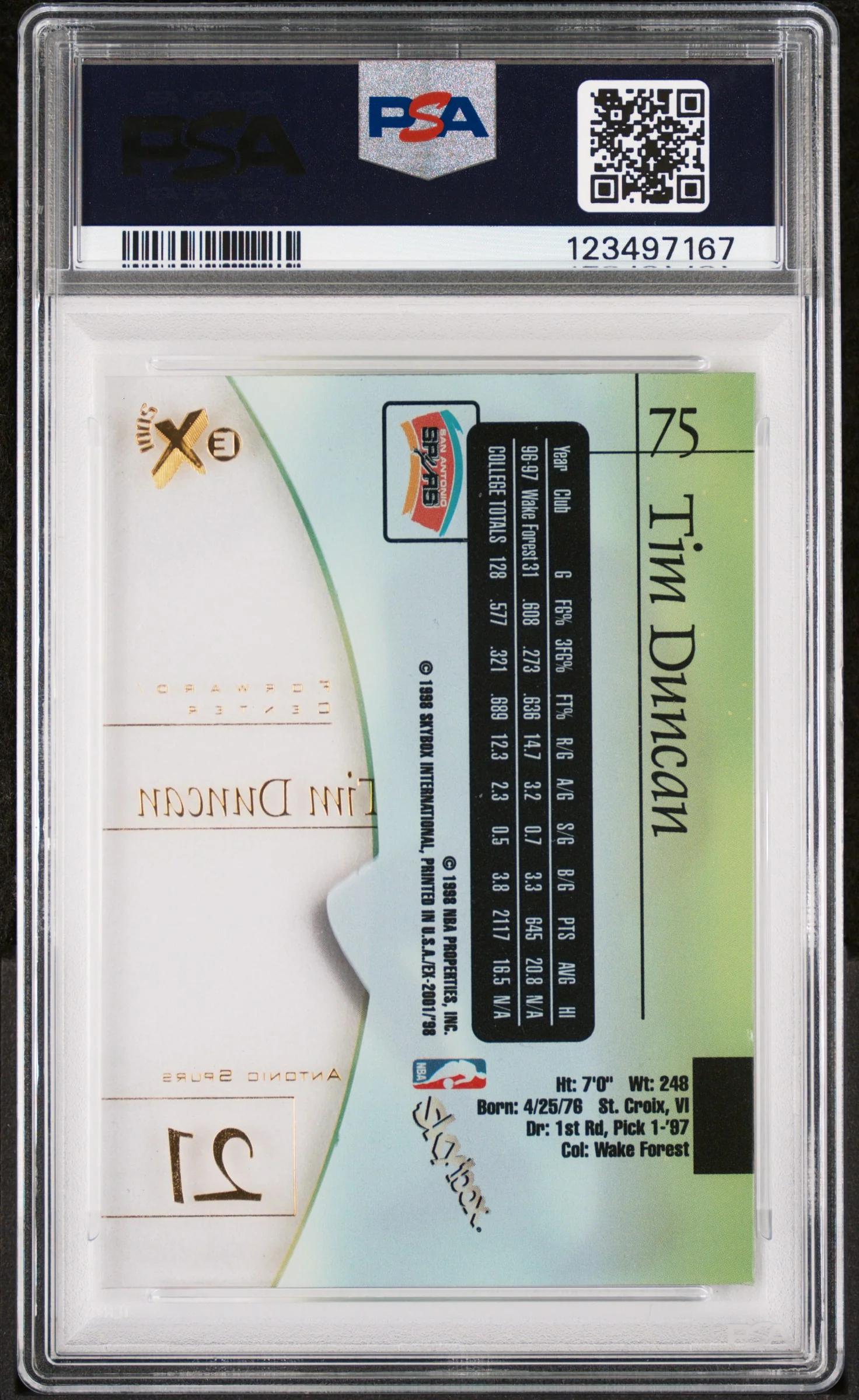 1997 Skybox Ex2001 Tim Duncan #75 PSA 8 - Image 2
