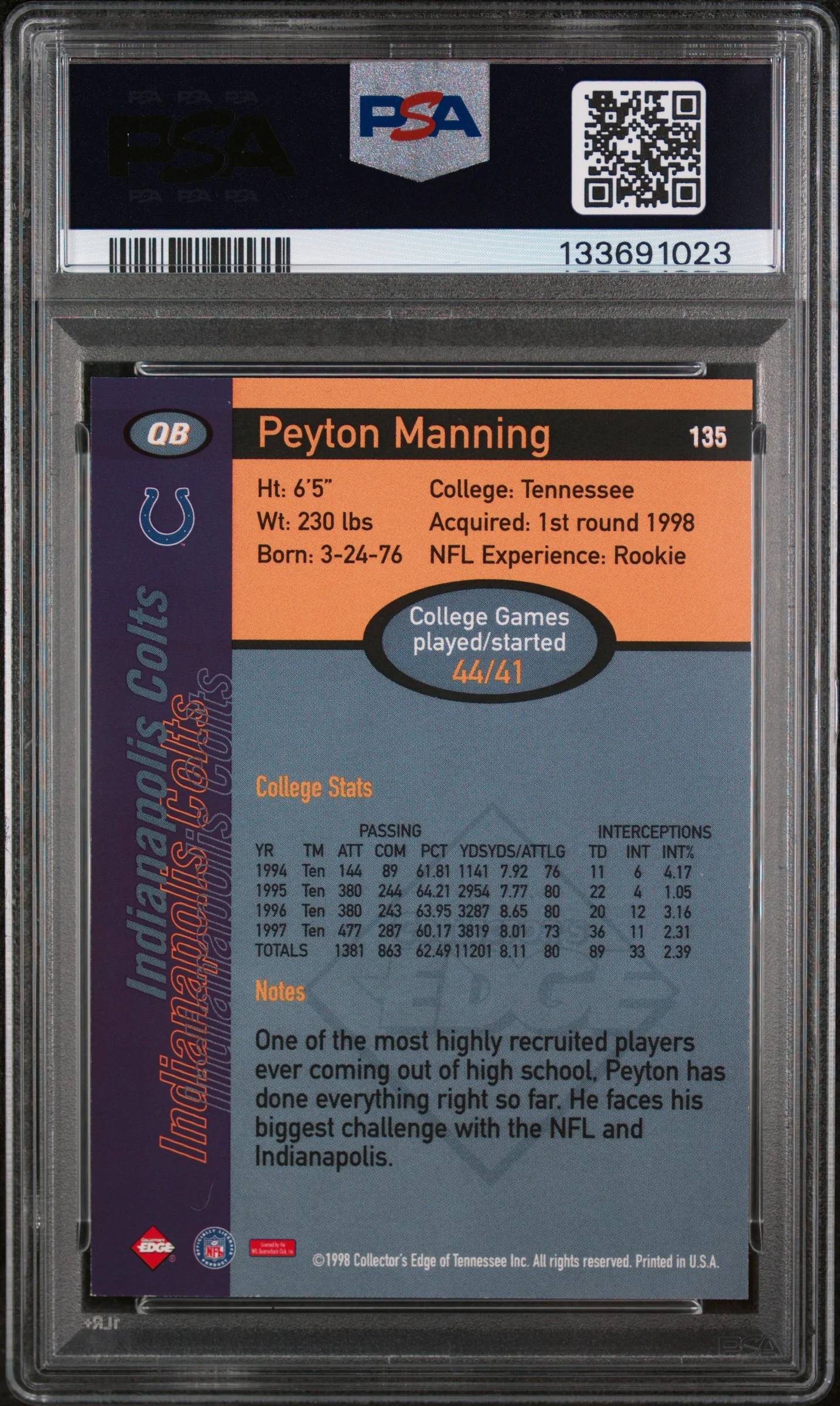 1998 Collector's Edge First Place Record Setters Peyton Manning #135A PSA 0 - Image 2