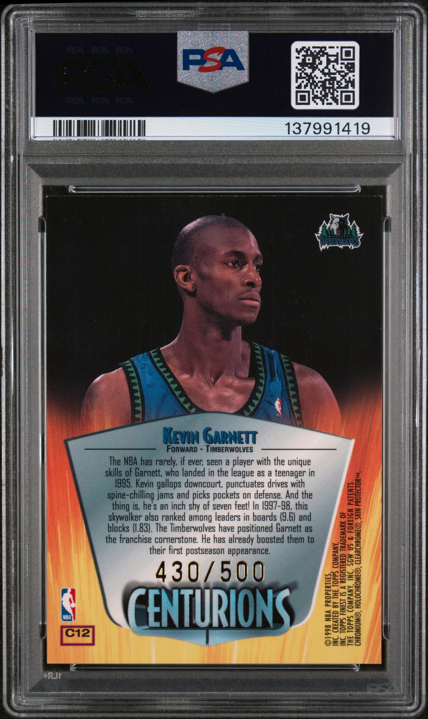 1998 Finest Centurions W/Coating Kevin Garnett #C12 /500 PSA 9 - Image 2