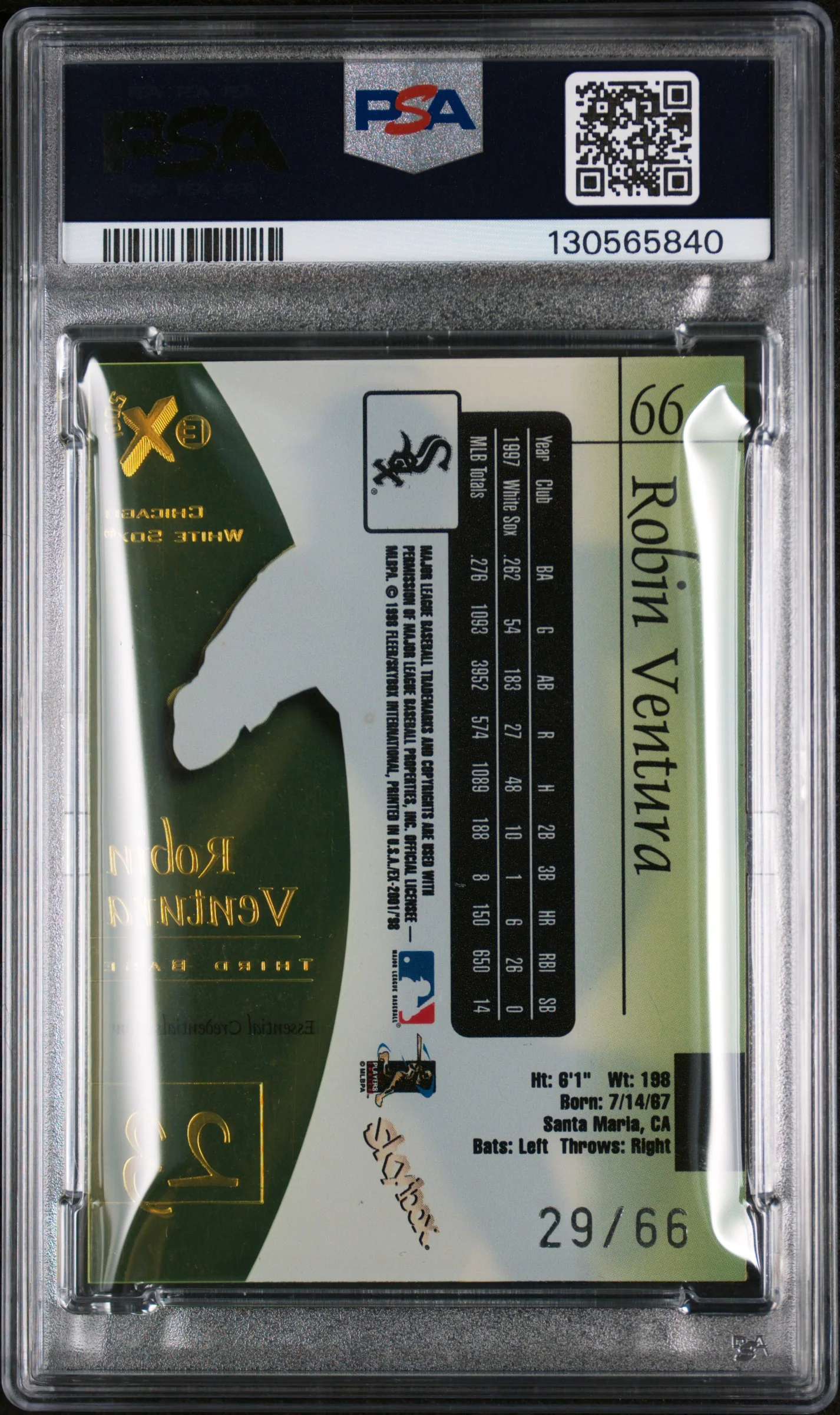 1998 Skybox E-X 2001 Essential Credentials Now Robin Ventura #66 /66 PSA 8 - Image 2