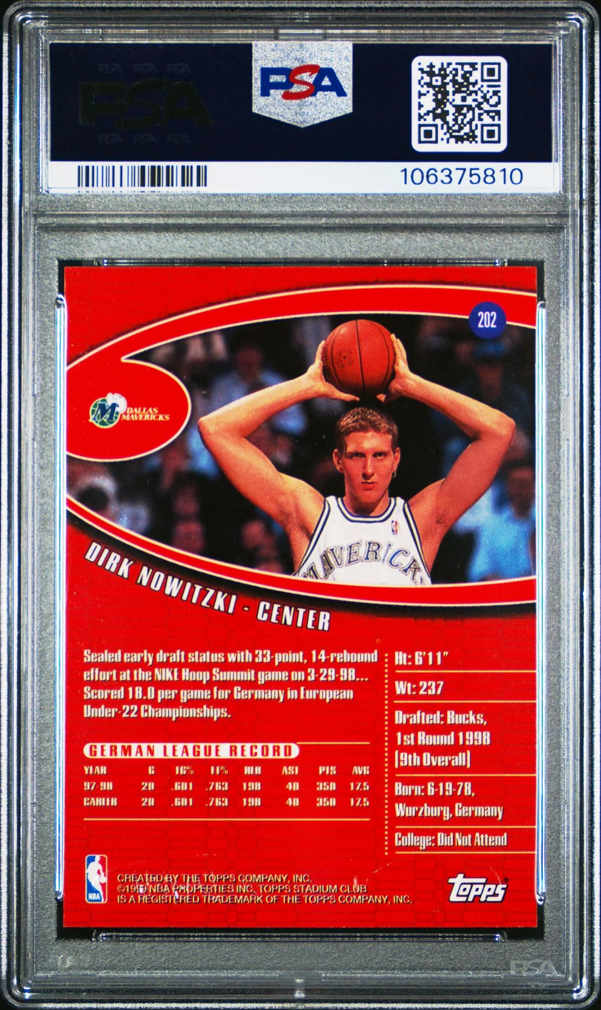 1998 Stadium Club #202 Dirk Nowitzki PSA 9 - Image 2
