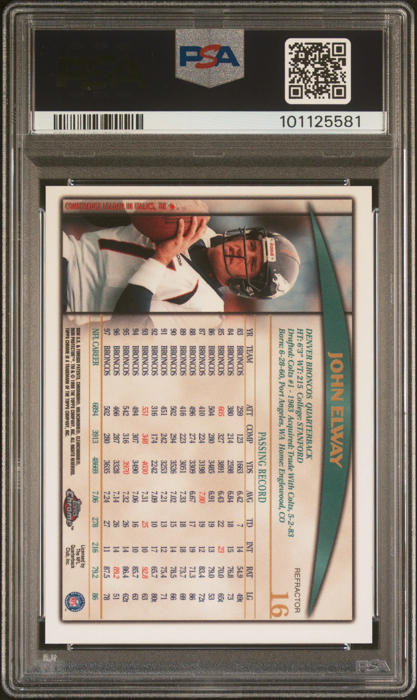 1998 Topps Chrome Refractor John Elway #16 PSA 8 - Image 2