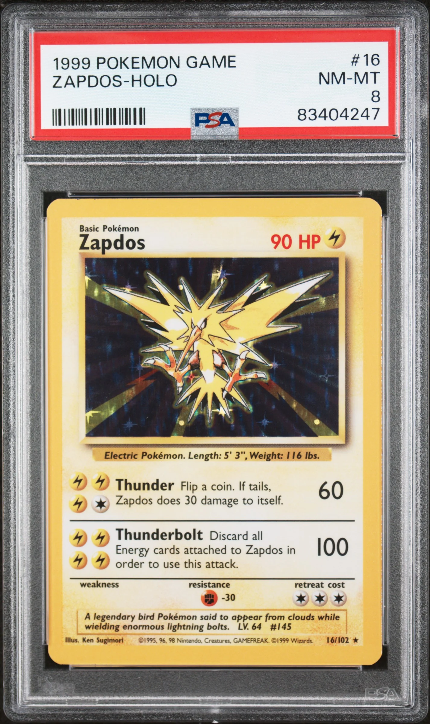 1999 Pokemon Base Set Holo Zapdos #16 PSA 8