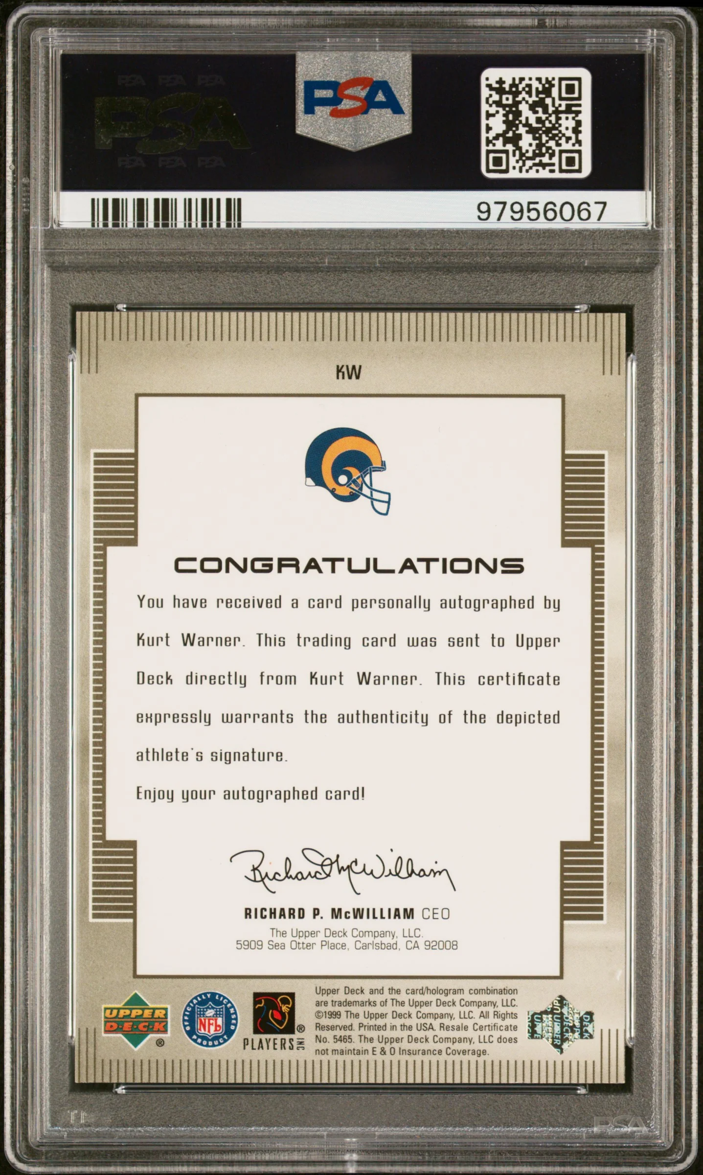 1999 Upper Deck Encore Kurt Warner #KW Auto PSA 10 - Image 2