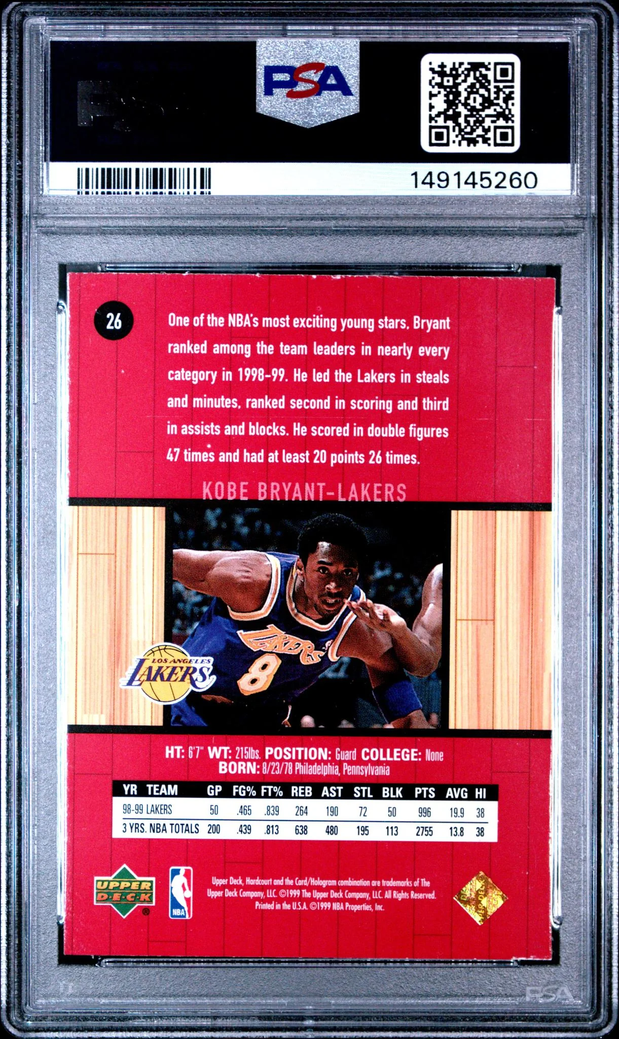 1999 Upper Deck Hardcourt Kobe Bryant #26 PSA 7 - Image 2