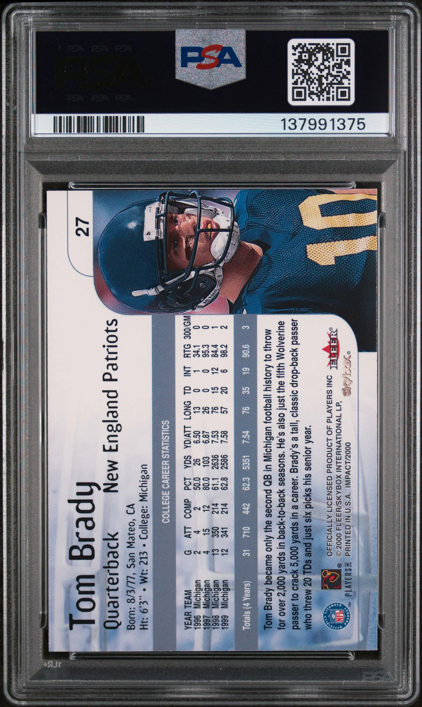 2000 Skybox Impact Rookies Tom Brady #27 PSA 8 - Image 2