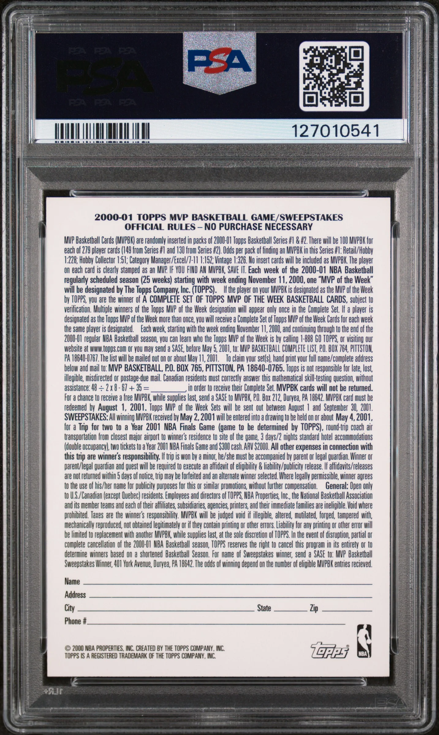 2000 Topps MVP Promotion-Unredeemed Kevin Garnett PSA 9 - Image 2
