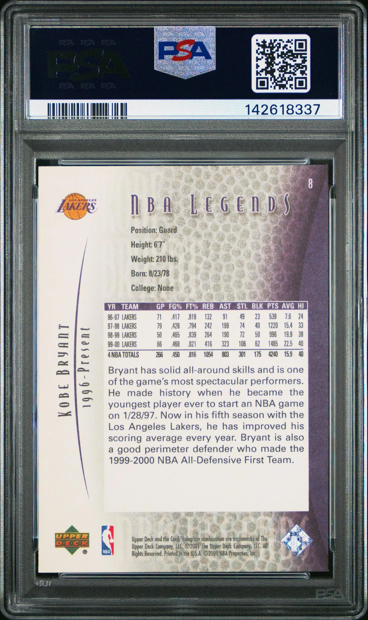 2000 Upper Deck Legends Kobe Bryant #8 PSA 9 - Image 2