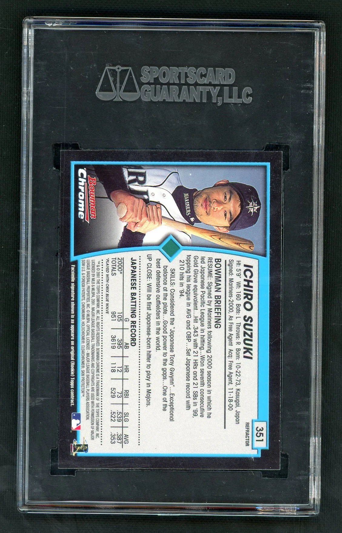2001 Bowman Chrome Refractor Ichiro Suzuki #351 SGC 9 - Image 2