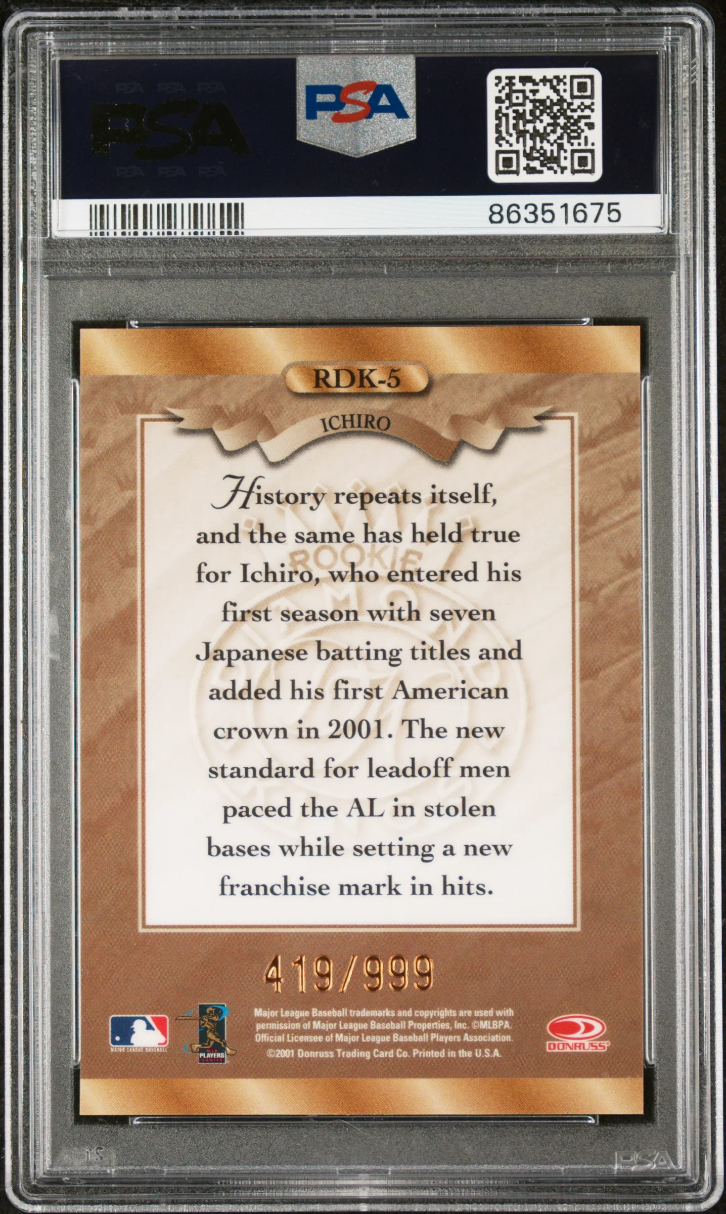 2001 Donruss Rookie Diamond Kings Baseball's Best-Bronze Ichiro #RDK-5 /999 PSA 9 - Image 2