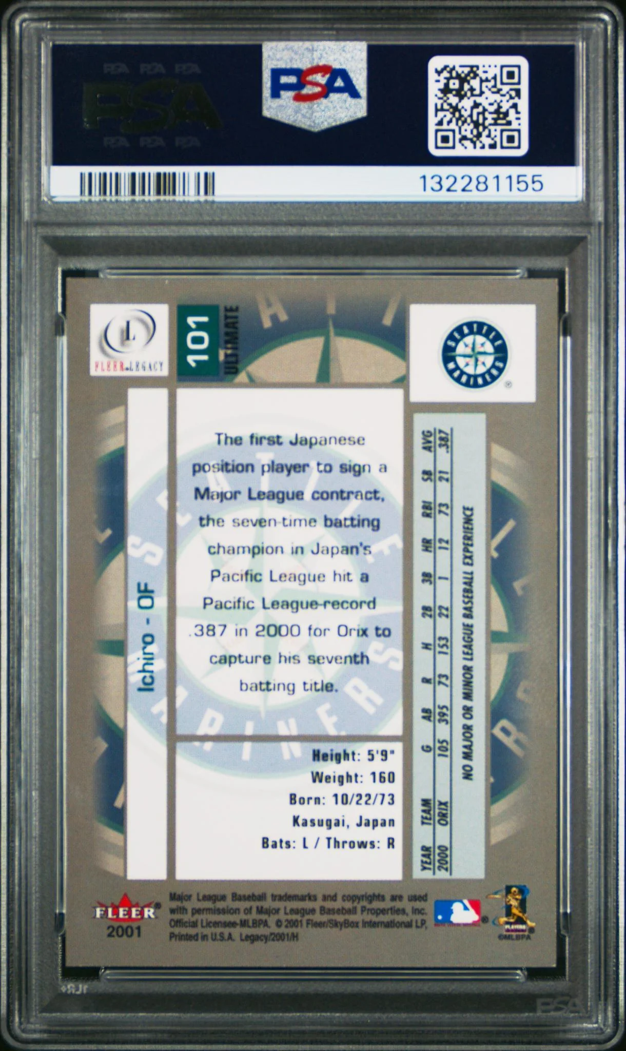 2001 Fleer Legacy Ultimate Legacy Ichiro #101 /250 PSA 9 - Image 2
