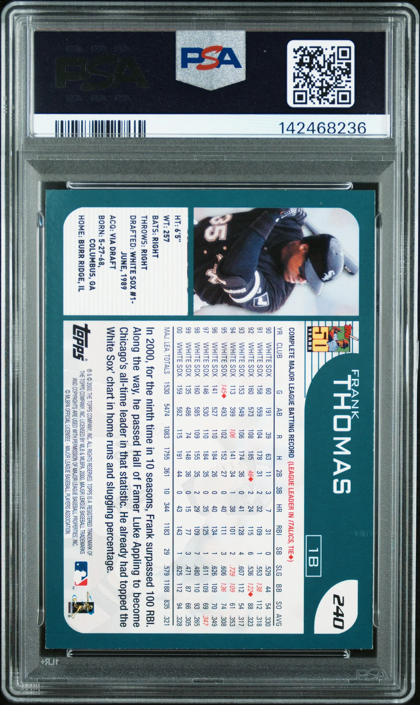 2001 Topps Home Team Advantage Frank Thomas #240 PSA 9 - Image 2