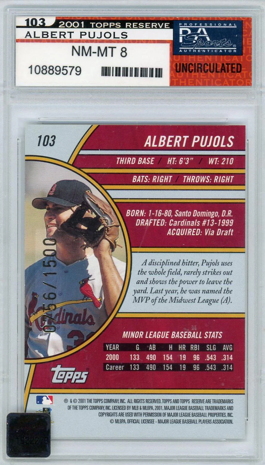 2001 Topps Reserve #103 Albert Pujols /1500 PSA 8 - Image 2