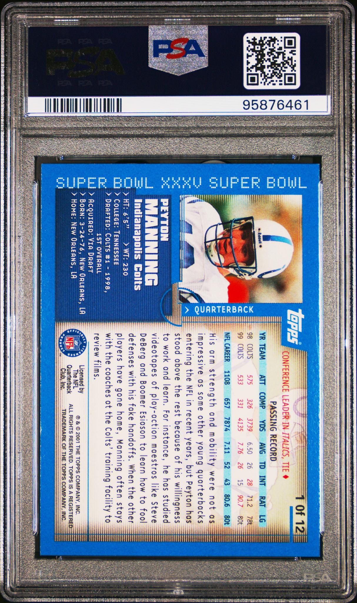 2001 Topps Super Bowl Xxxv Peyton Manning #1 PSA 9 - Image 2