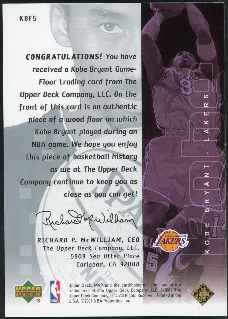 2001 Upper Deck MVP Authentic Kobe Bryant Game Floor - Image 2